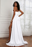 Strapless Satin Sheath Long Formal Evening Dresses with Slit Pleated Backless Prom Party Bridesmaid Dress