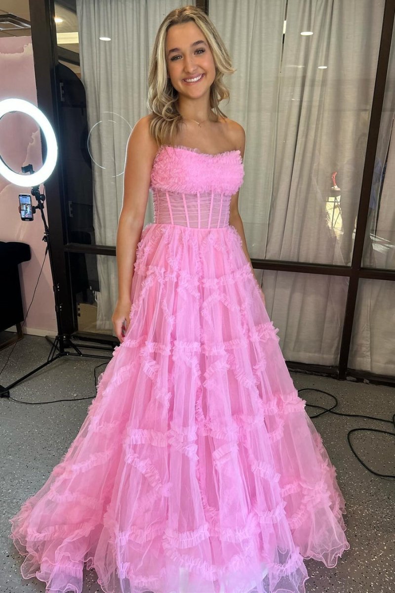 A-Line Strapless Ruffles Long Formal Dress with Puff Sleeves