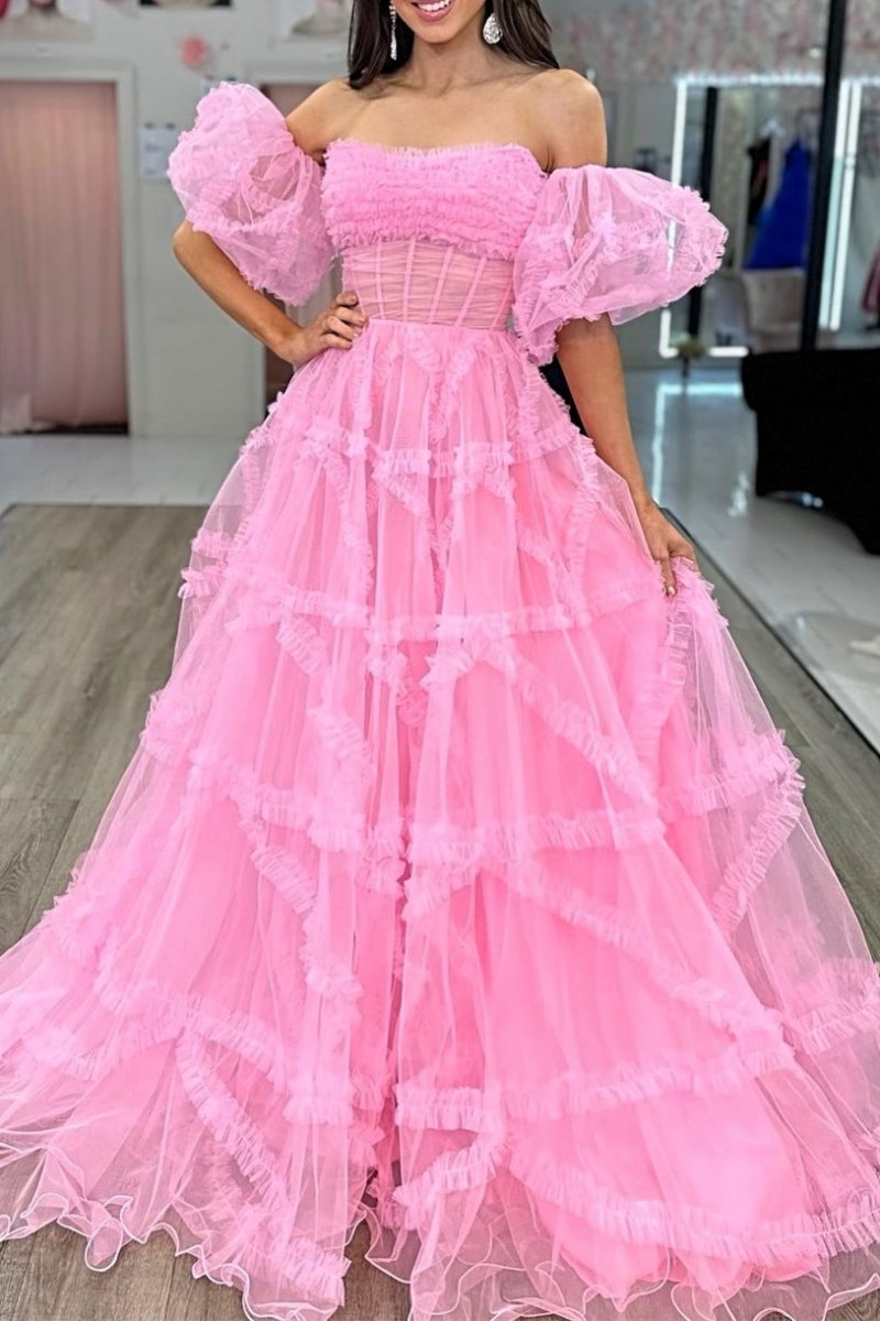 A-Line Strapless Ruffles Long Formal Dress with Puff Sleeves
