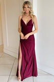 Burgundy Spaghetti Straps Lace-Up Long Formal Dress with Slit