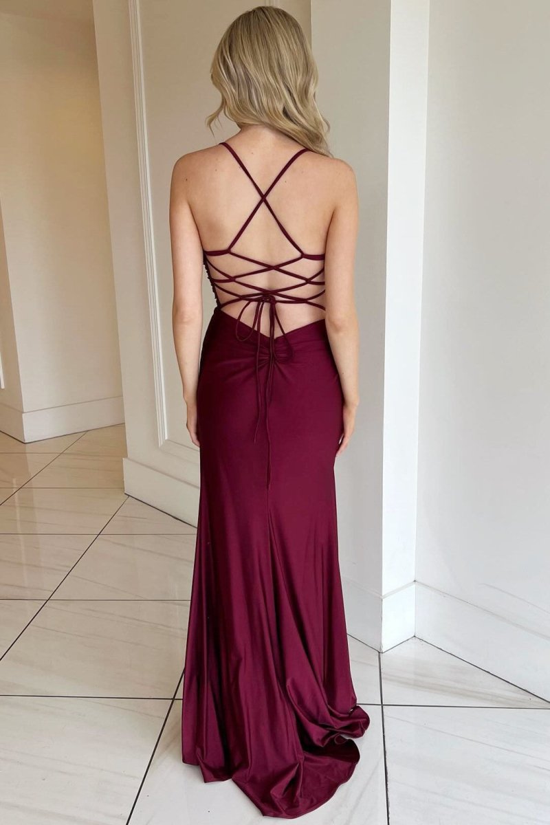 Burgundy Spaghetti Straps Lace-Up Long Formal Dress with Slit