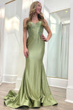 Sage Green Spaghetti Strap Backless Trumpet Long Gown