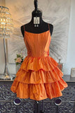 Black Spaghetti Straps Satin A-Line Ruffled Short Corset Homecoming Dress with Bow