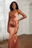 Spaghetti Straps Mermaid Satin Formal Evening Dresses Cowl Neck Prom Bridesmaid Dress Gowns