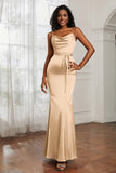 Spaghetti Straps Mermaid Satin Formal Evening Dresses Cowl Neck Prom Bridesmaid Dress Gowns