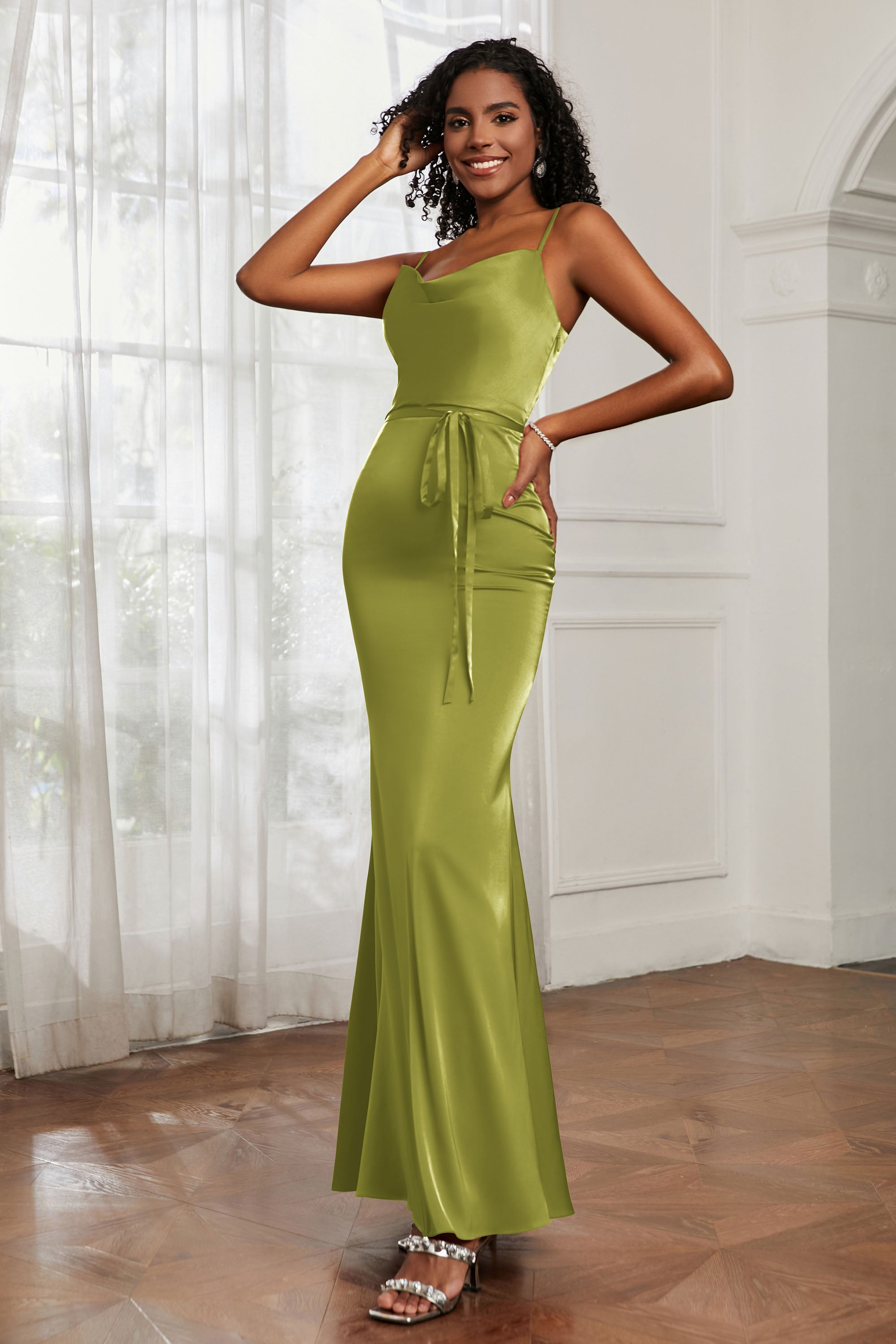 Spaghetti Straps Mermaid Satin Formal Evening Dresses Cowl Neck Prom Bridesmaid Dress Gowns