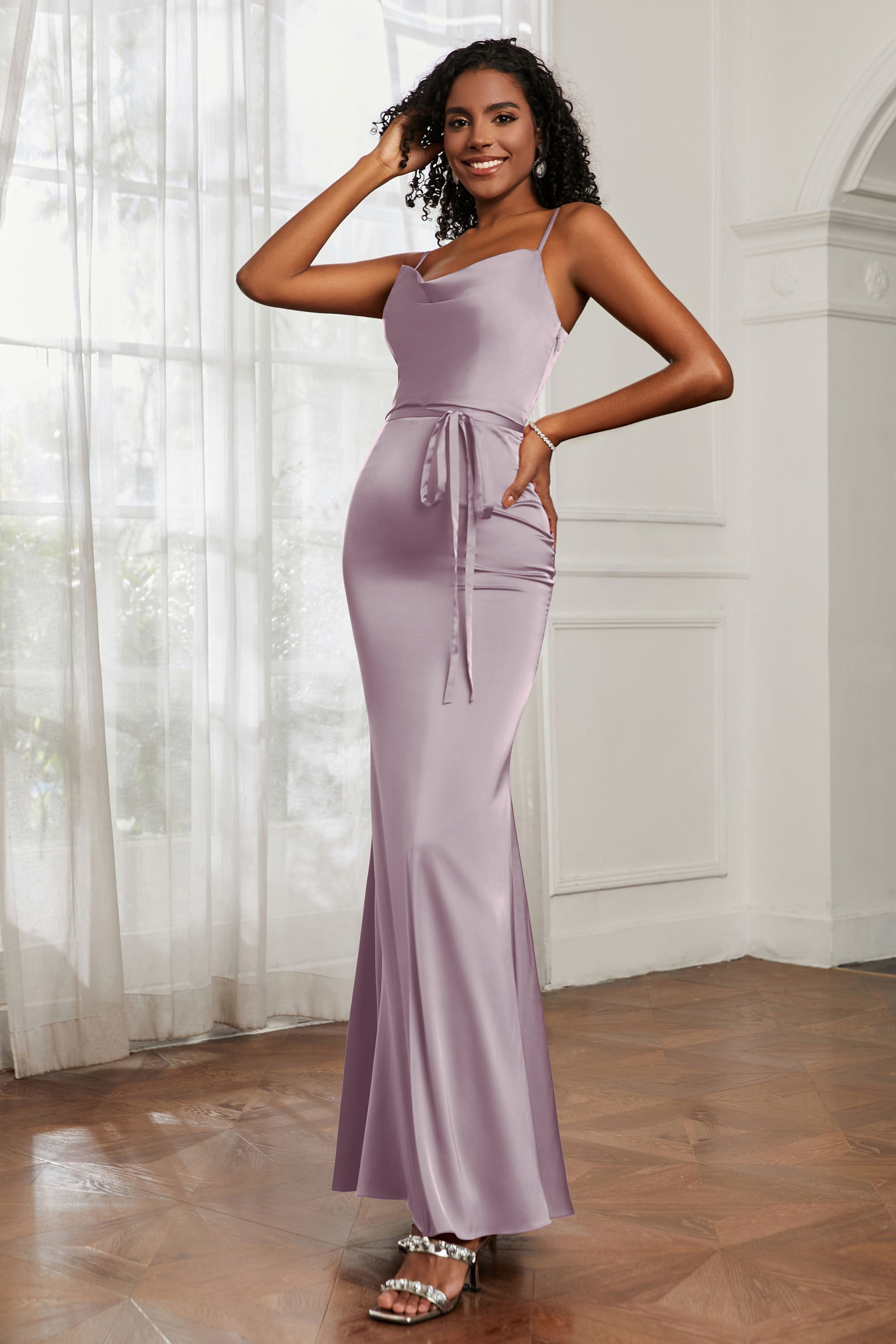Spaghetti Straps Mermaid Satin Formal Evening Dresses Cowl Neck Prom Bridesmaid Dress Gowns