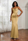 Spaghetti Straps Mermaid Satin Formal Evening Dresses Cowl Neck Prom Bridesmaid Dress Gowns