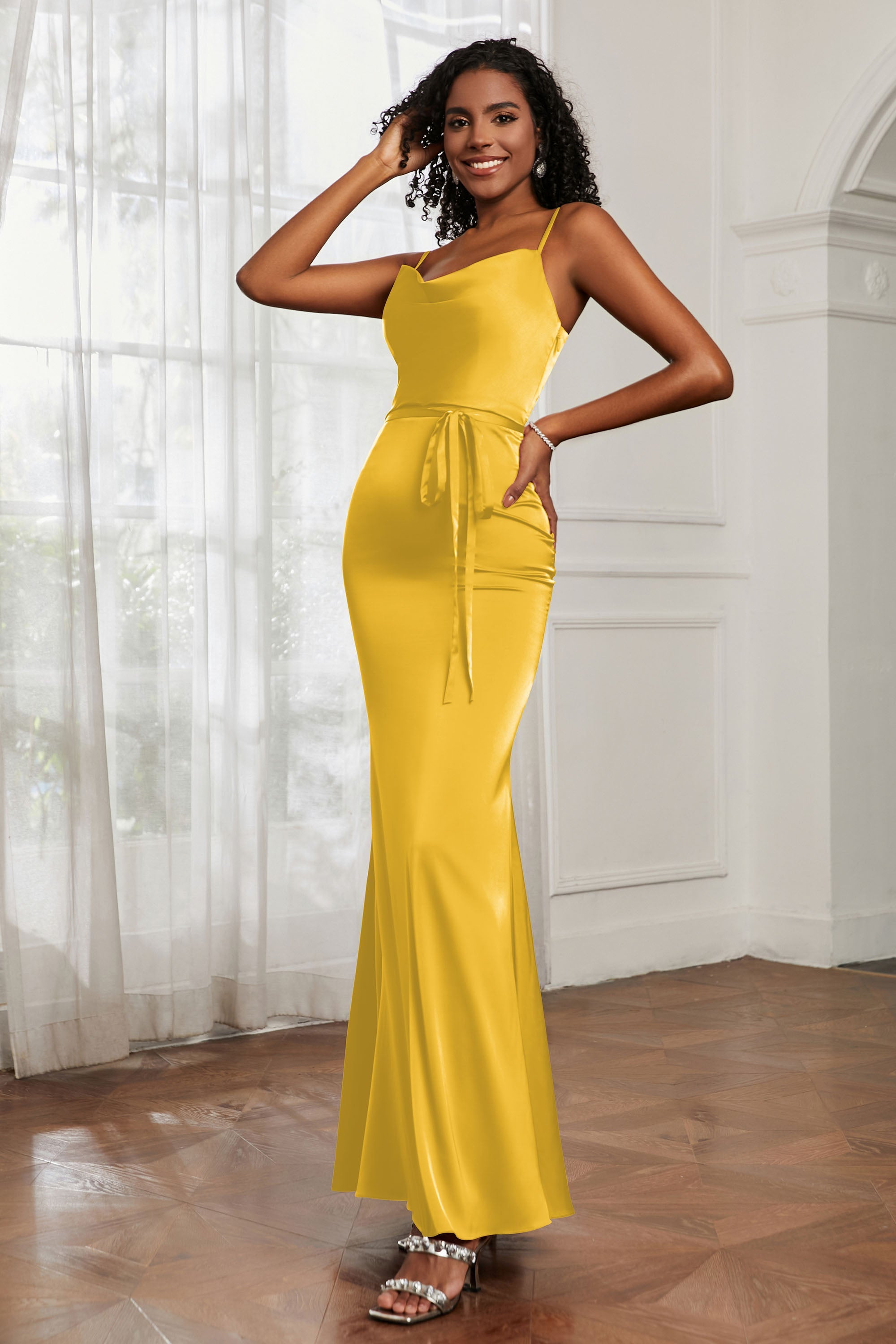 Spaghetti Straps Mermaid Satin Formal Evening Dresses Cowl Neck Prom Bridesmaid Dress Gowns