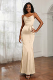 Spaghetti Straps Mermaid Satin Formal Evening Dresses Cowl Neck Prom Bridesmaid Dress Gowns