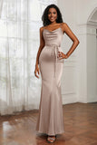 Spaghetti Straps Mermaid Satin Formal Evening Dresses Cowl Neck Prom Bridesmaid Dress Gowns