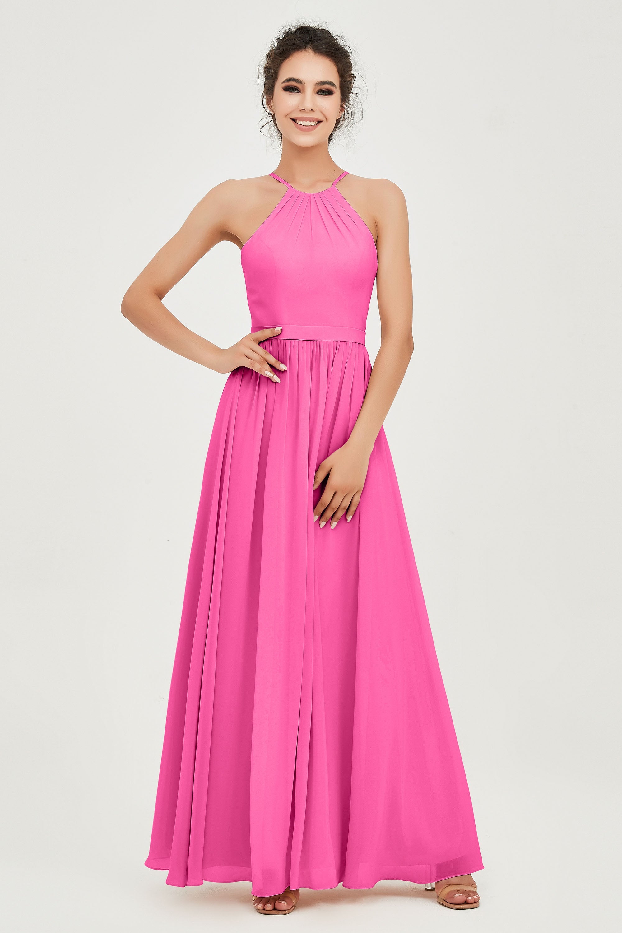 Halter Neck Elegant Bridesmaid Chiffon Dresses Sleeveless Formal Evening Dress Gowns