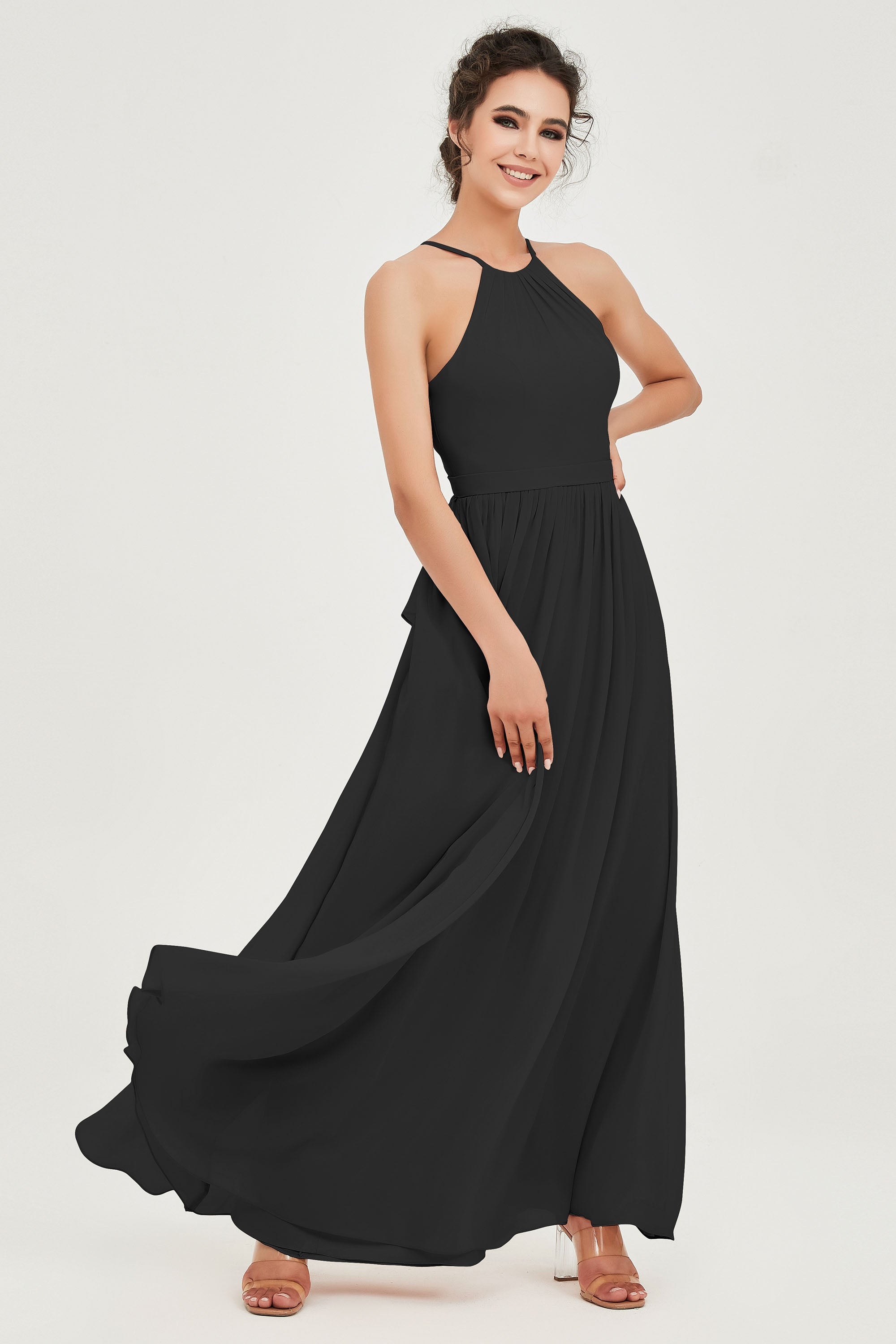 Halter Neck Elegant Bridesmaid Chiffon Dresses Sleeveless Formal Evening Dress Gowns