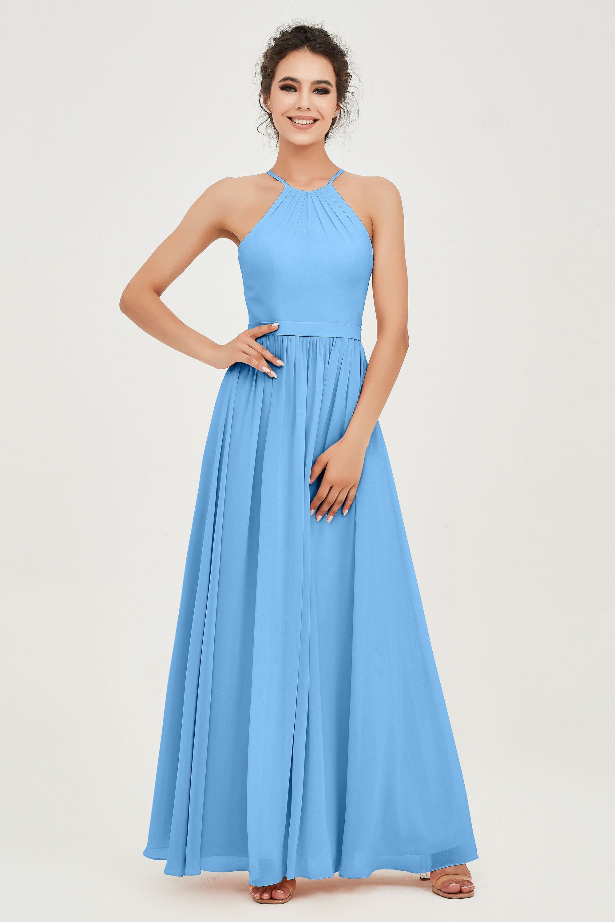 Halter Neck Elegant Bridesmaid Chiffon Dresses Sleeveless Formal Evening Dress Gowns