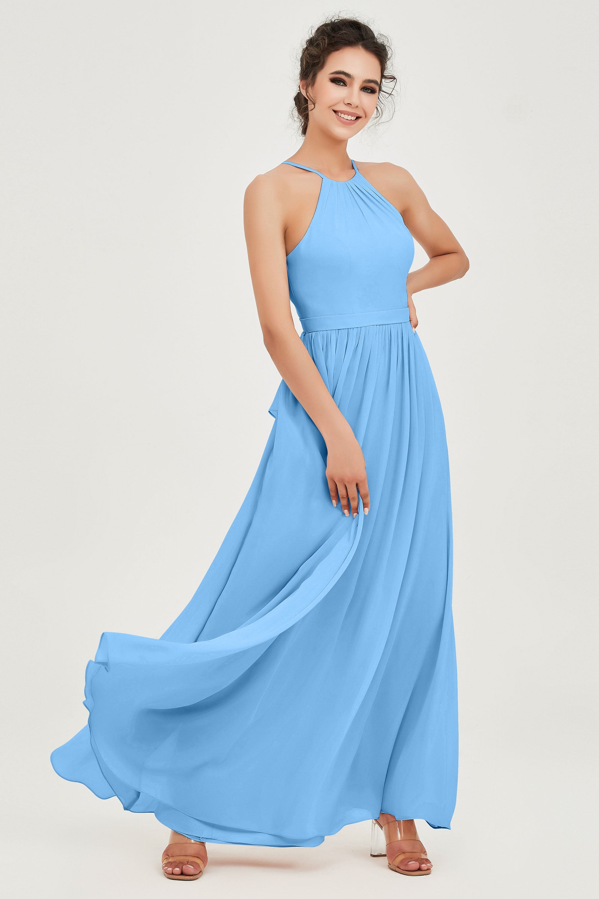 Halter Neck Elegant Bridesmaid Chiffon Dresses Sleeveless Formal Evening Dress Gowns