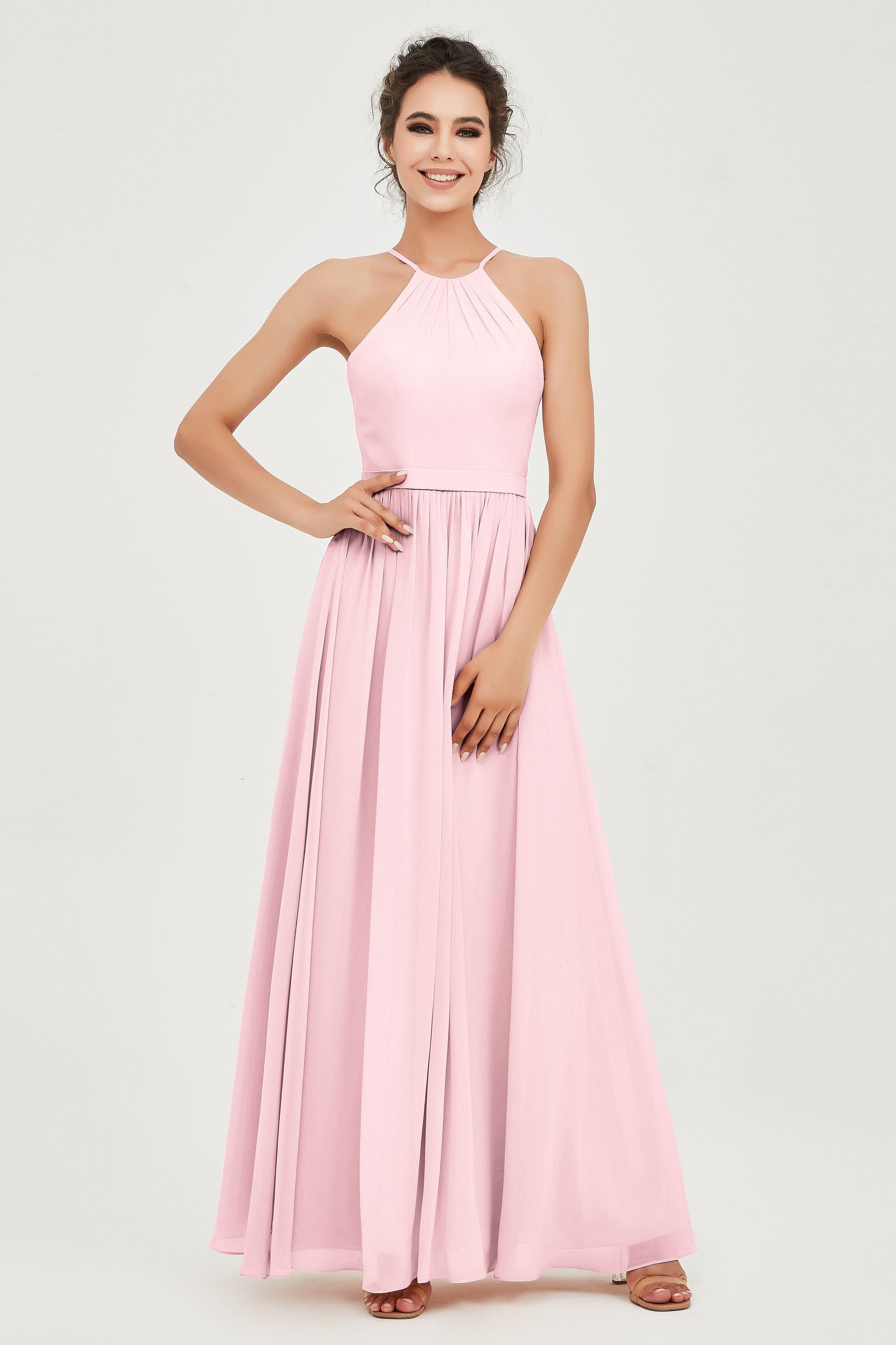 Halter Neck Elegant Bridesmaid Chiffon Dresses Sleeveless Formal Evening Dress Gowns