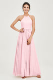 Halter Neck Elegant Bridesmaid Chiffon Dresses Sleeveless Formal Evening Dress Gowns