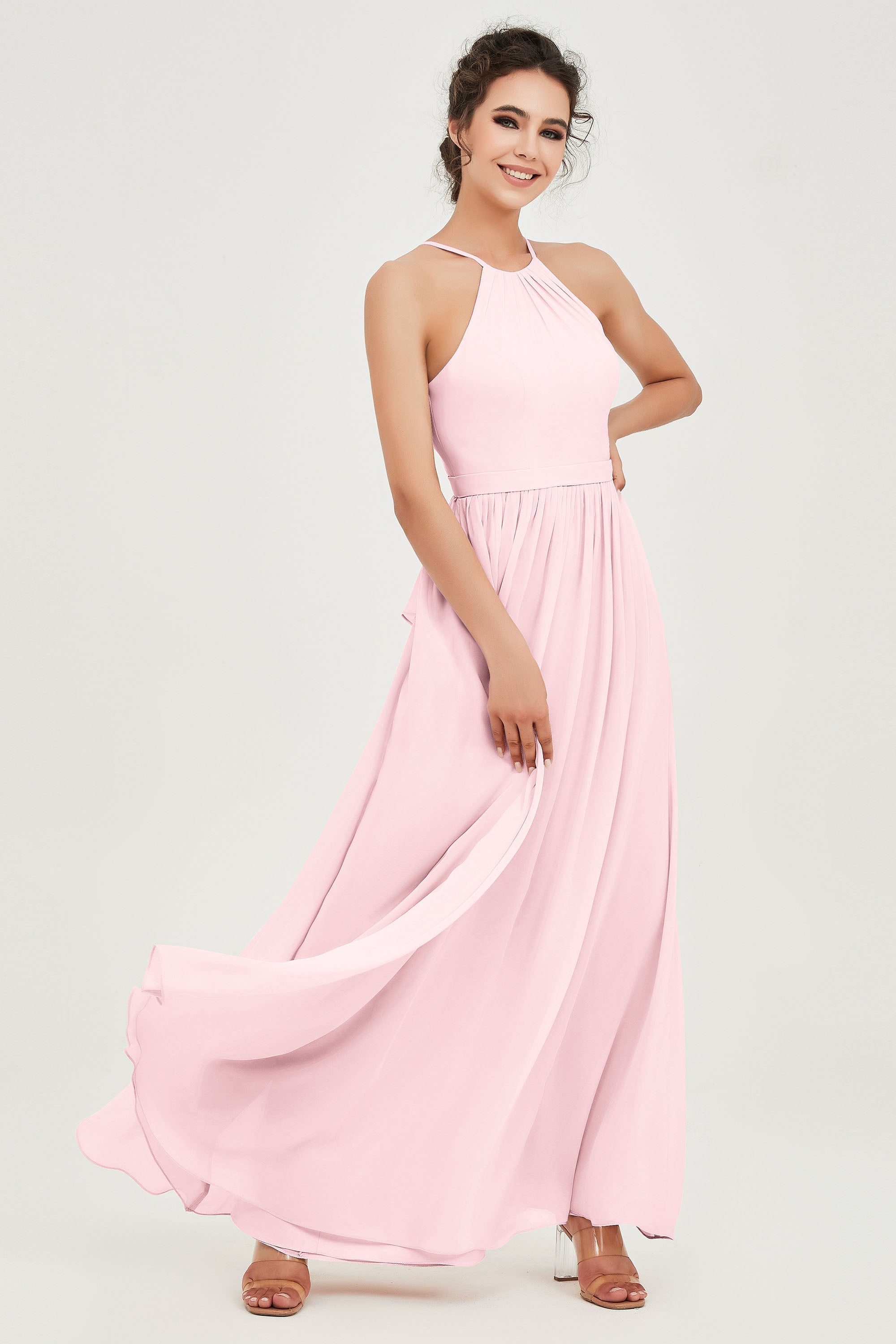 Halter Neck Elegant Bridesmaid Chiffon Dresses Sleeveless Formal Evening Dress Gowns