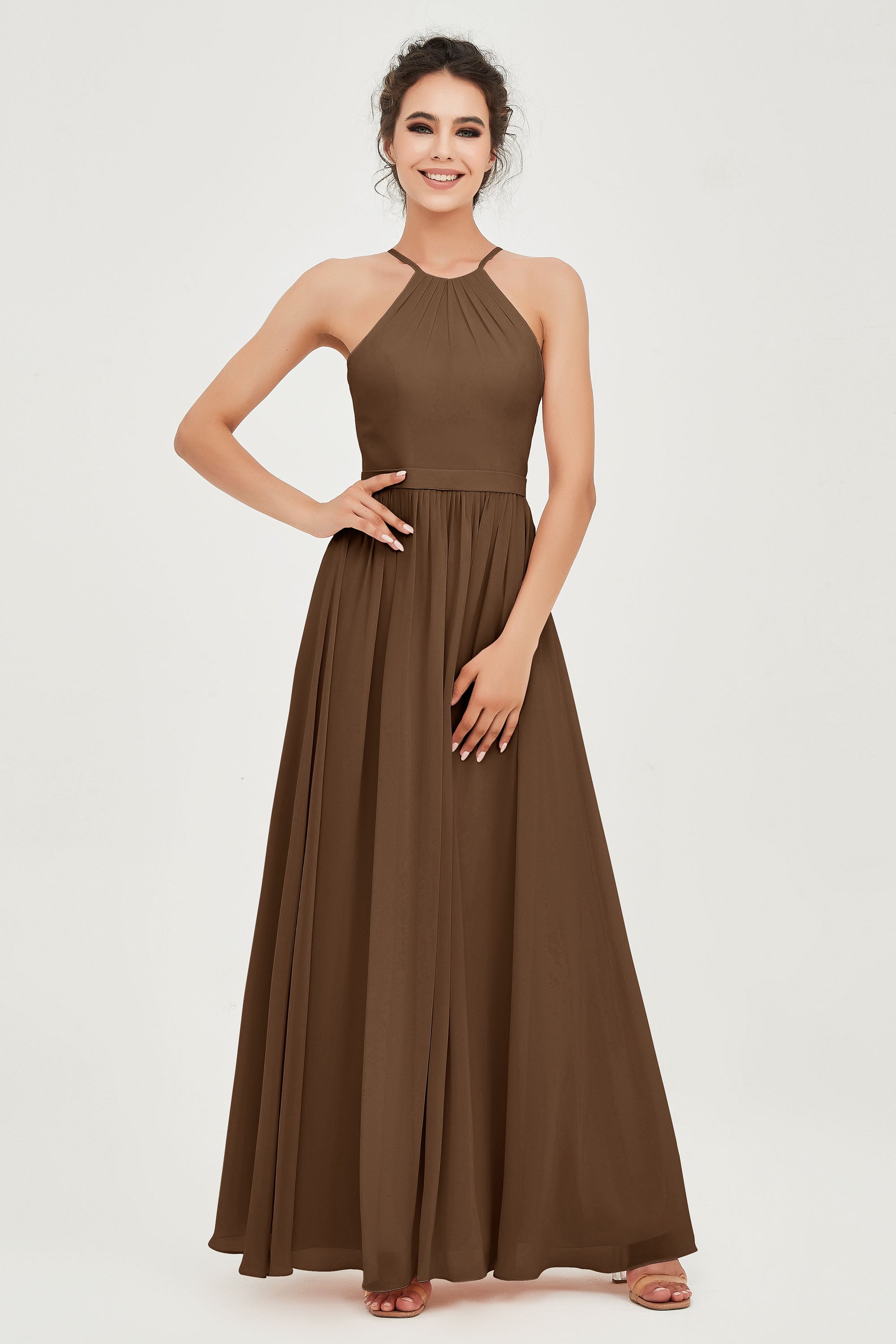 Halter Neck Elegant Bridesmaid Chiffon Dresses Sleeveless Formal Evening Dress Gowns