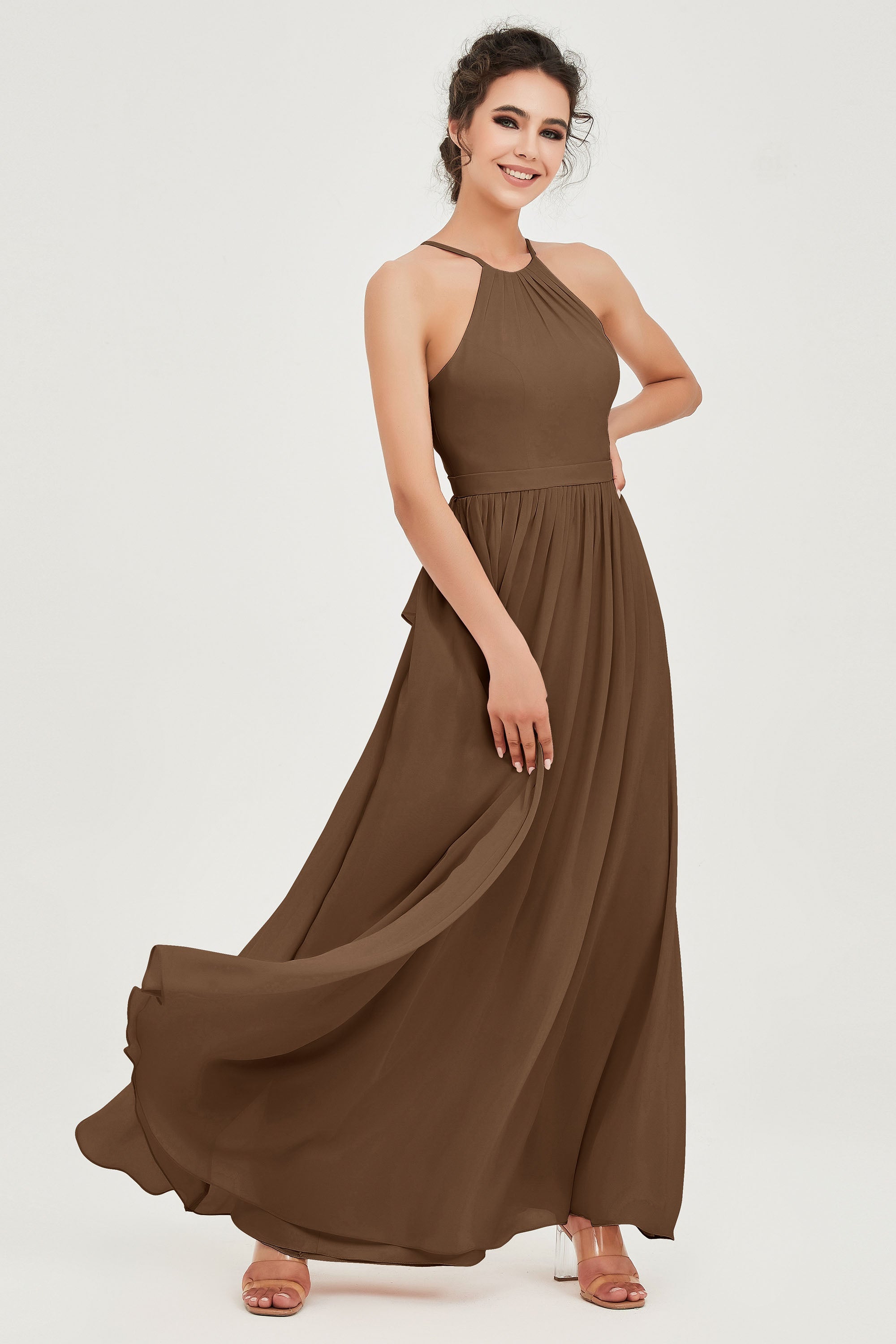 Halter Neck Elegant Bridesmaid Chiffon Dresses Sleeveless Formal Evening Dress Gowns