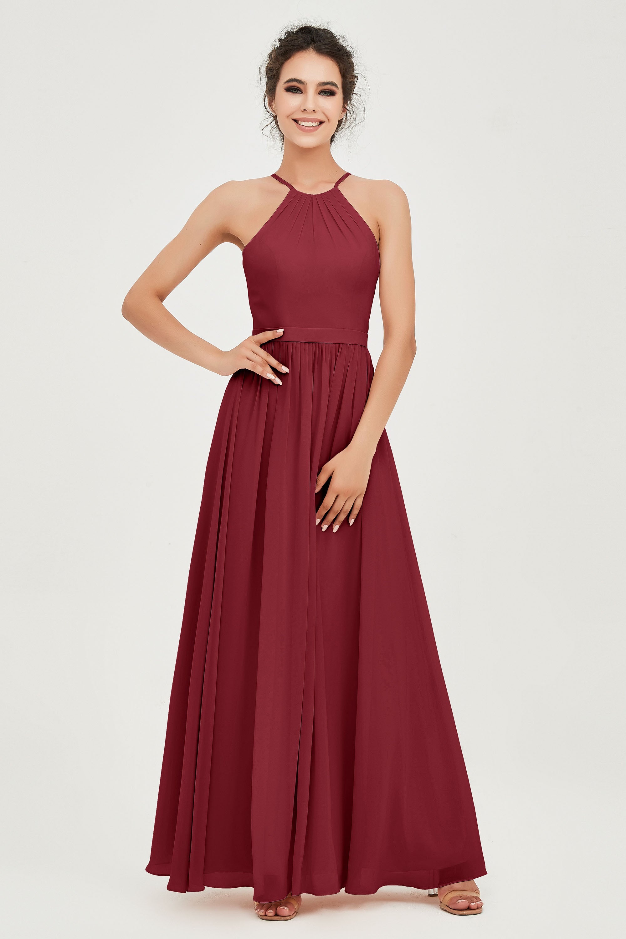 Halter Neck Elegant Bridesmaid Chiffon Dresses Sleeveless Formal Evening Dress Gowns