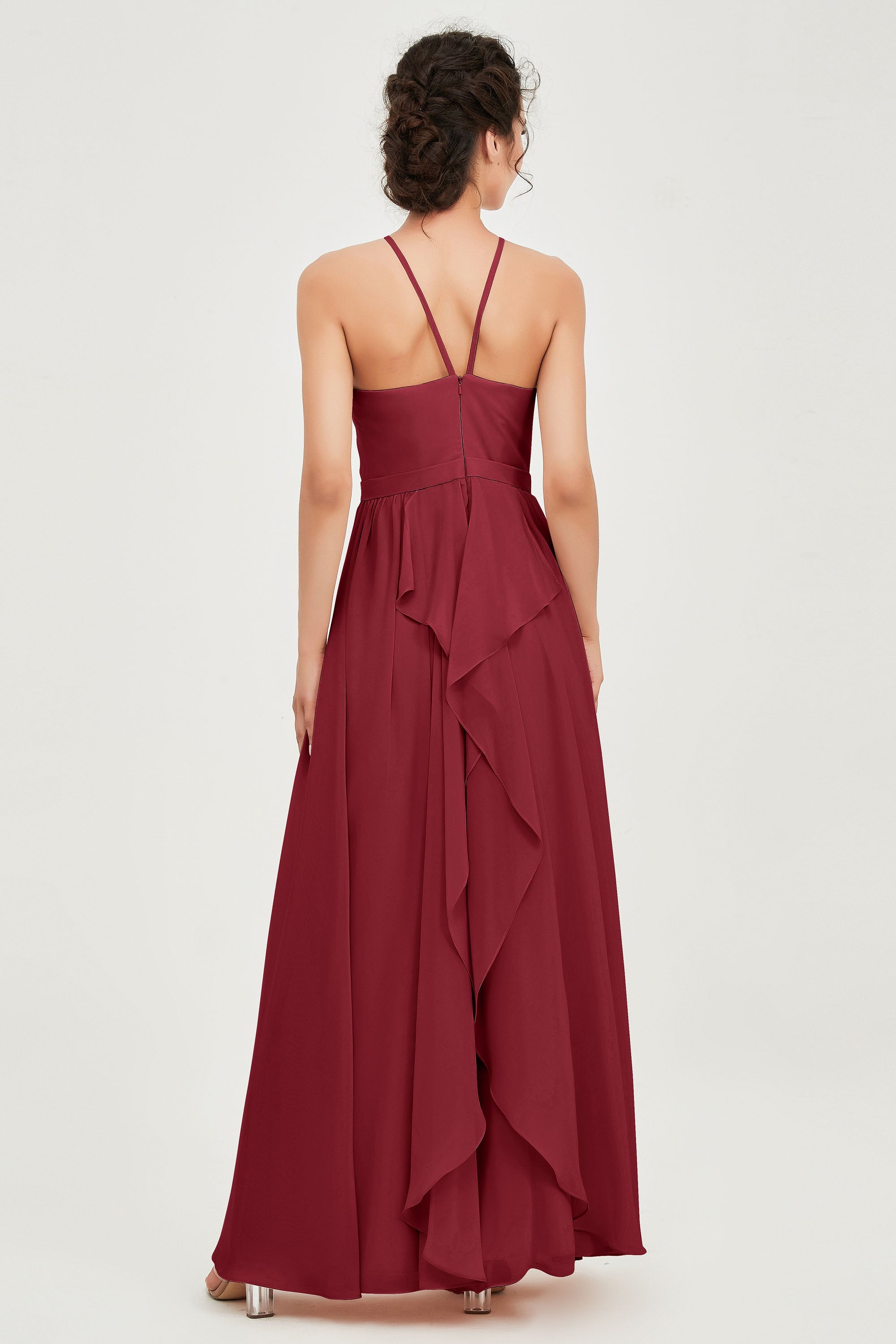 Halter Neck Elegant Bridesmaid Chiffon Dresses Sleeveless Formal Evening Dress Gowns