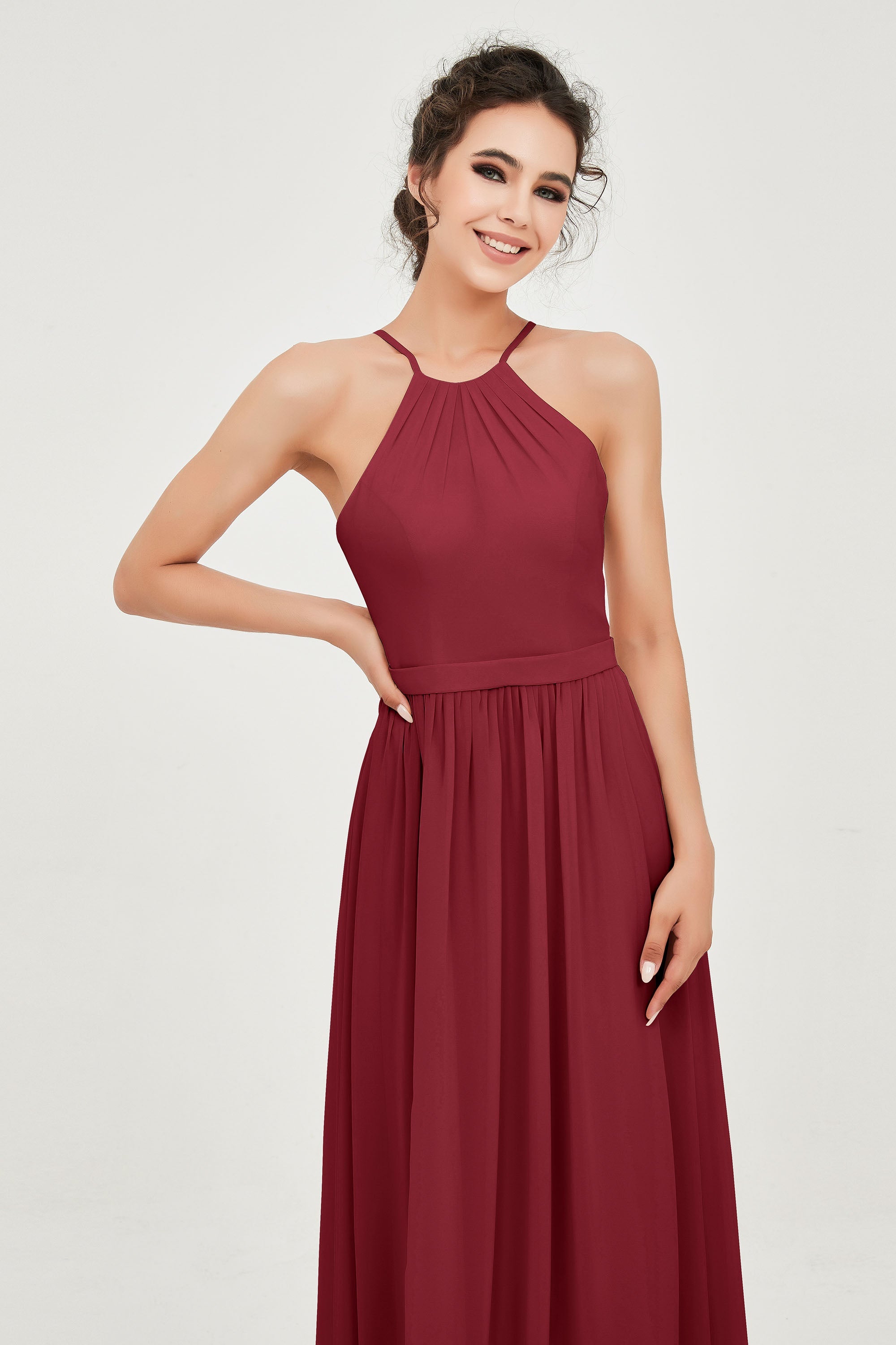 Halter Neck Elegant Bridesmaid Chiffon Dresses Sleeveless Formal Evening Dress Gowns