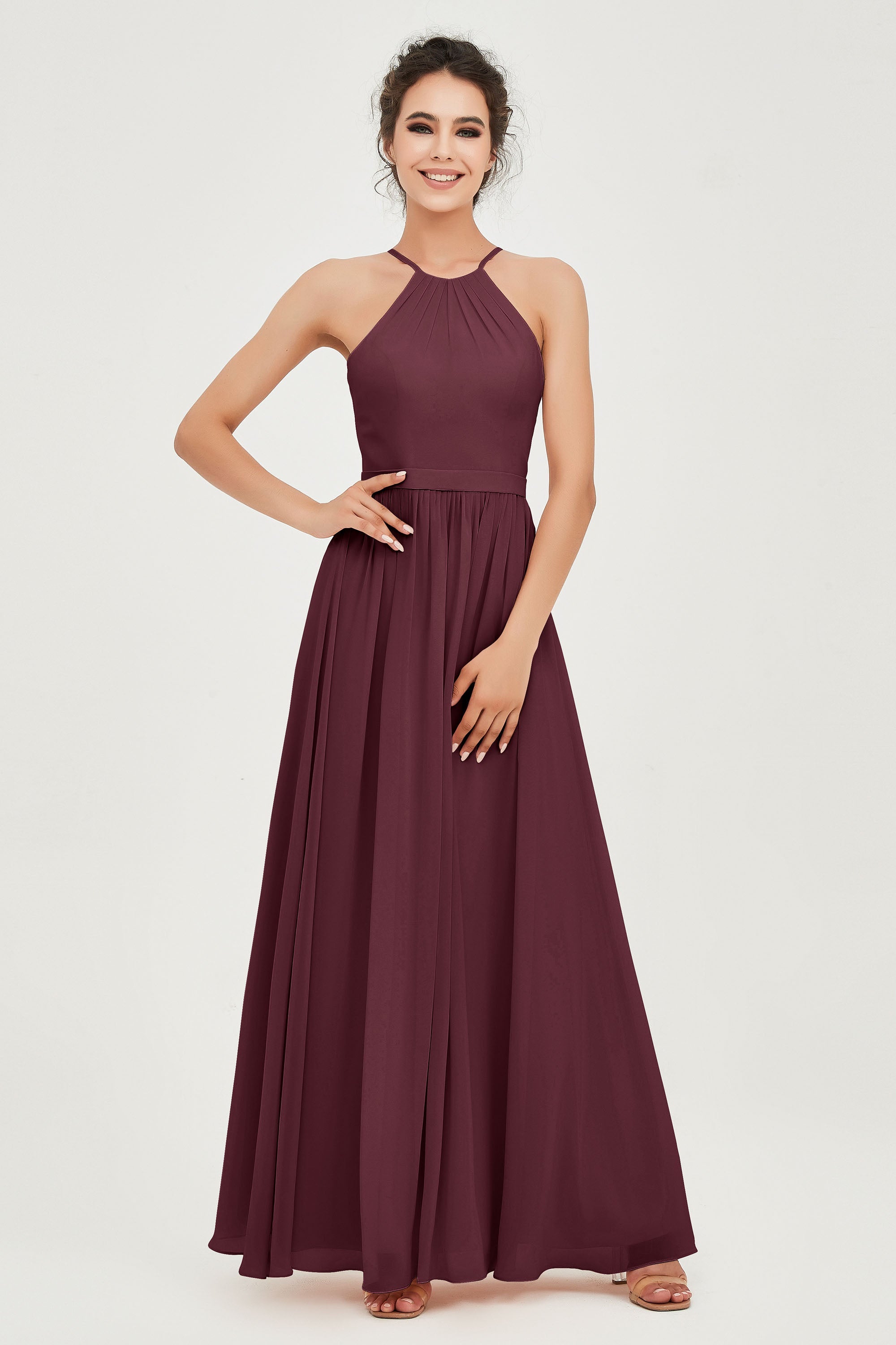 Halter Neck Elegant Bridesmaid Chiffon Dresses Sleeveless Formal Evening Dress Gowns