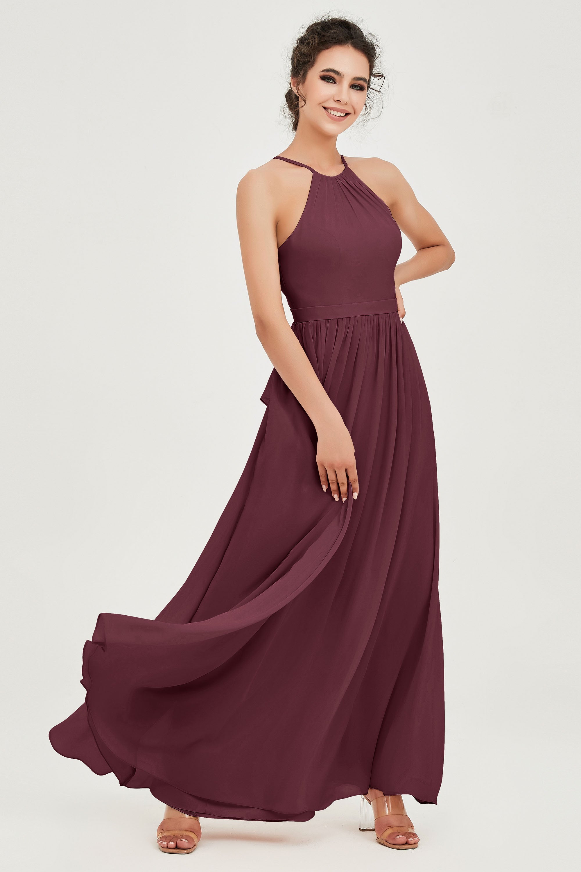 Halter Neck Elegant Bridesmaid Chiffon Dresses Sleeveless Formal Evening Dress Gowns