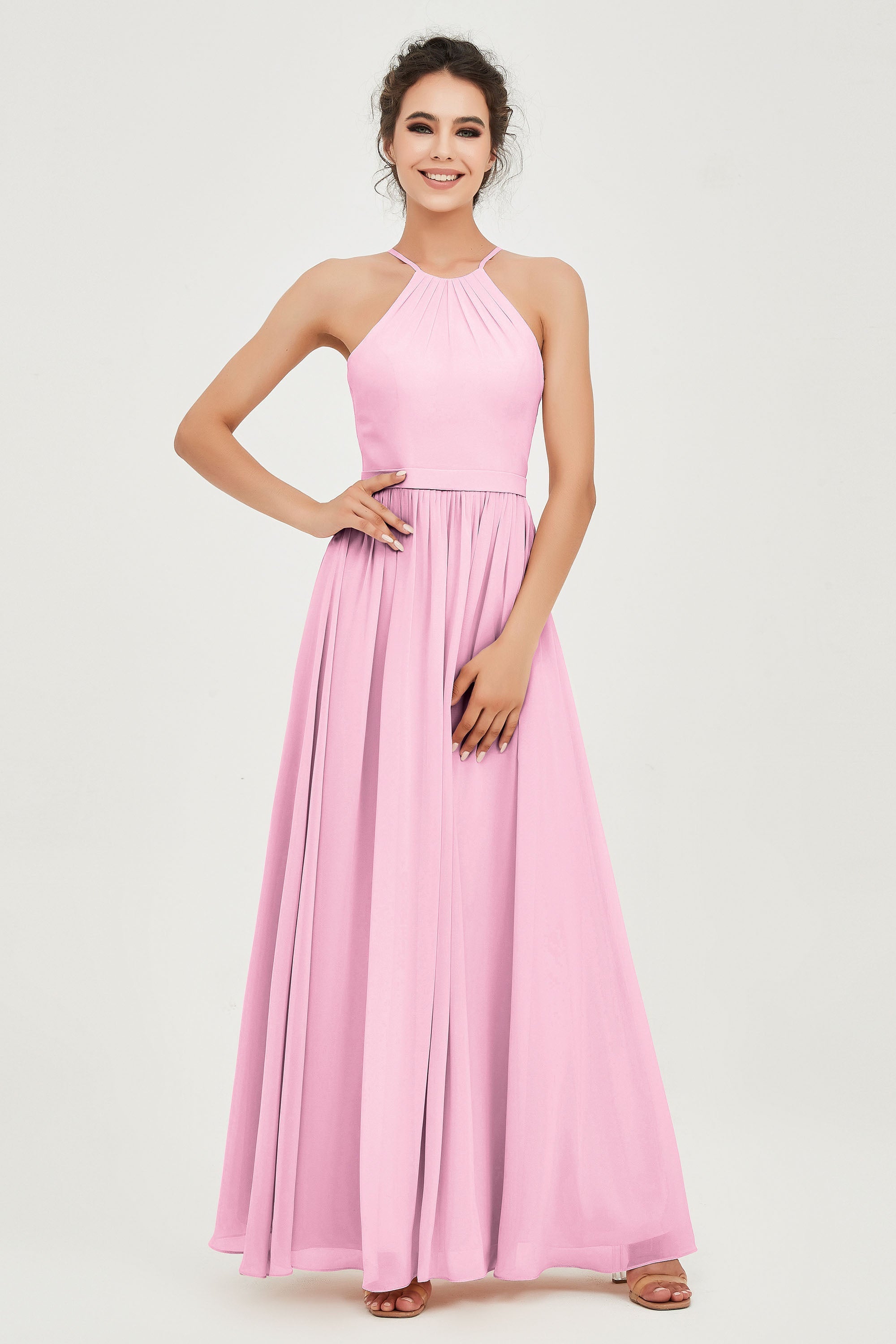 Halter Neck Elegant Bridesmaid Chiffon Dresses Sleeveless Formal Evening Dress Gowns