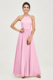 Halter Neck Elegant Bridesmaid Chiffon Dresses Sleeveless Formal Evening Dress Gowns