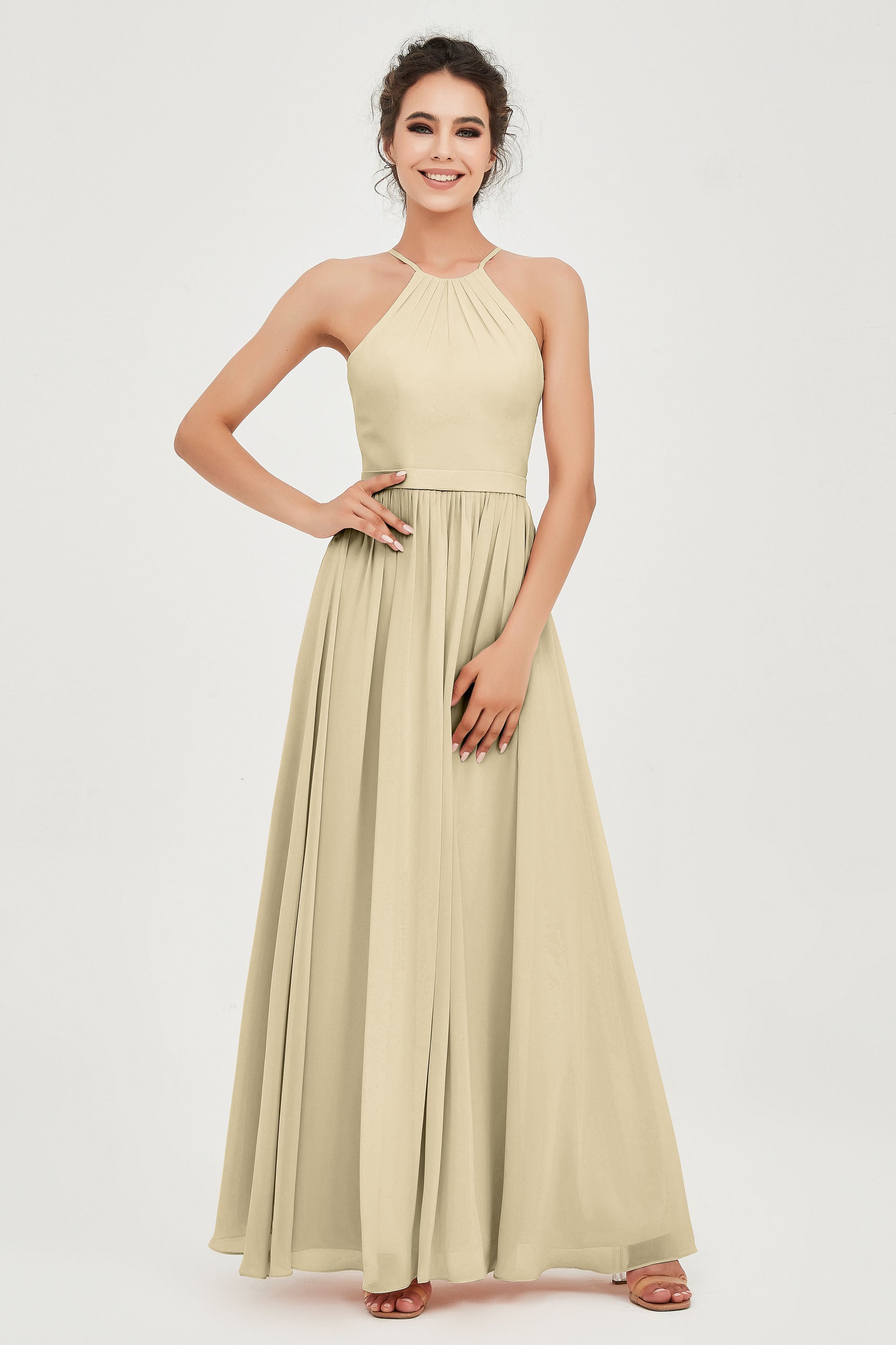 Halter Neck Elegant Bridesmaid Chiffon Dresses Sleeveless Formal Evening Dress Gowns