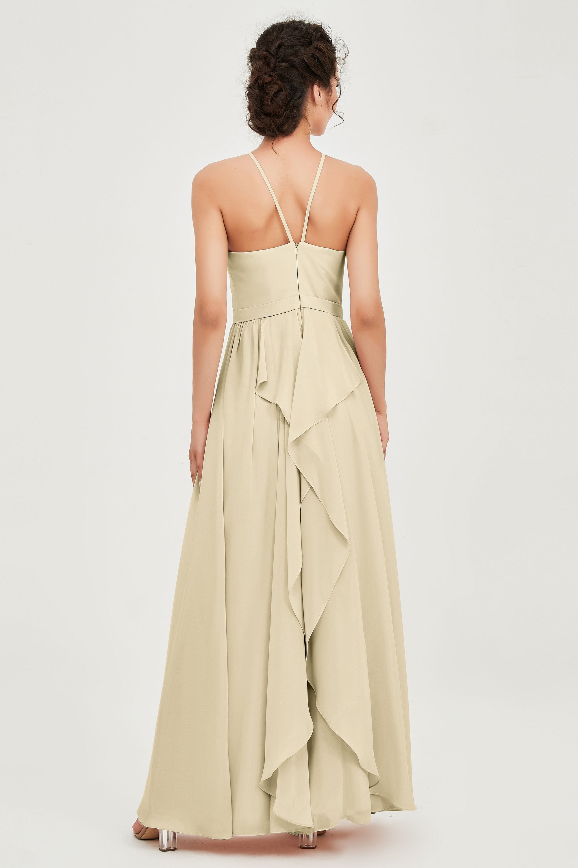 Halter Neck Elegant Bridesmaid Chiffon Dresses Sleeveless Formal Evening Dress Gowns