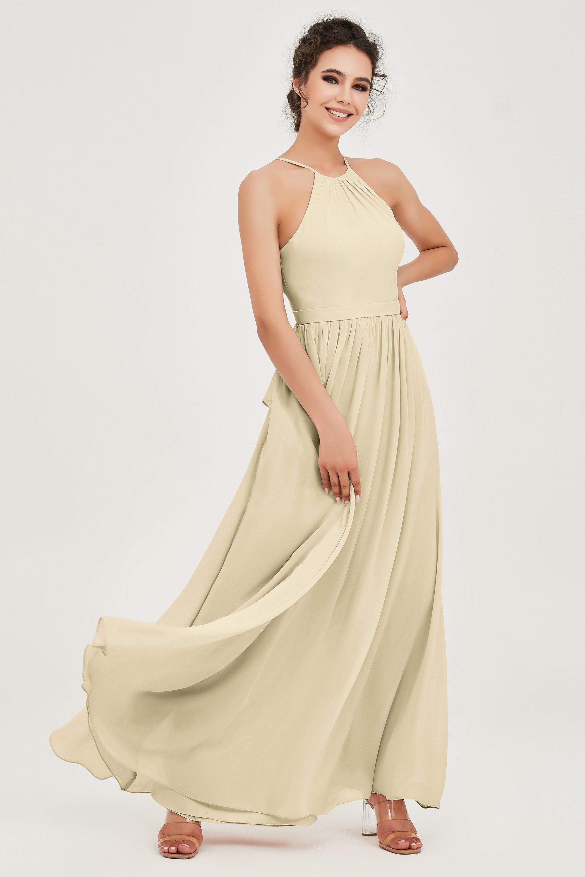 Halter Neck Elegant Bridesmaid Chiffon Dresses Sleeveless Formal Evening Dress Gowns