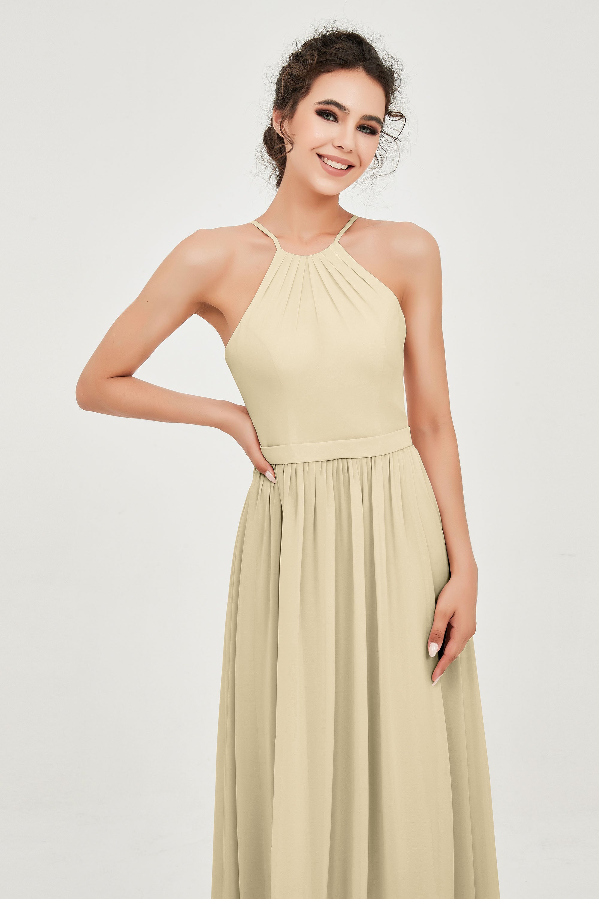Halter Neck Elegant Bridesmaid Chiffon Dresses Sleeveless Formal Evening Dress Gowns
