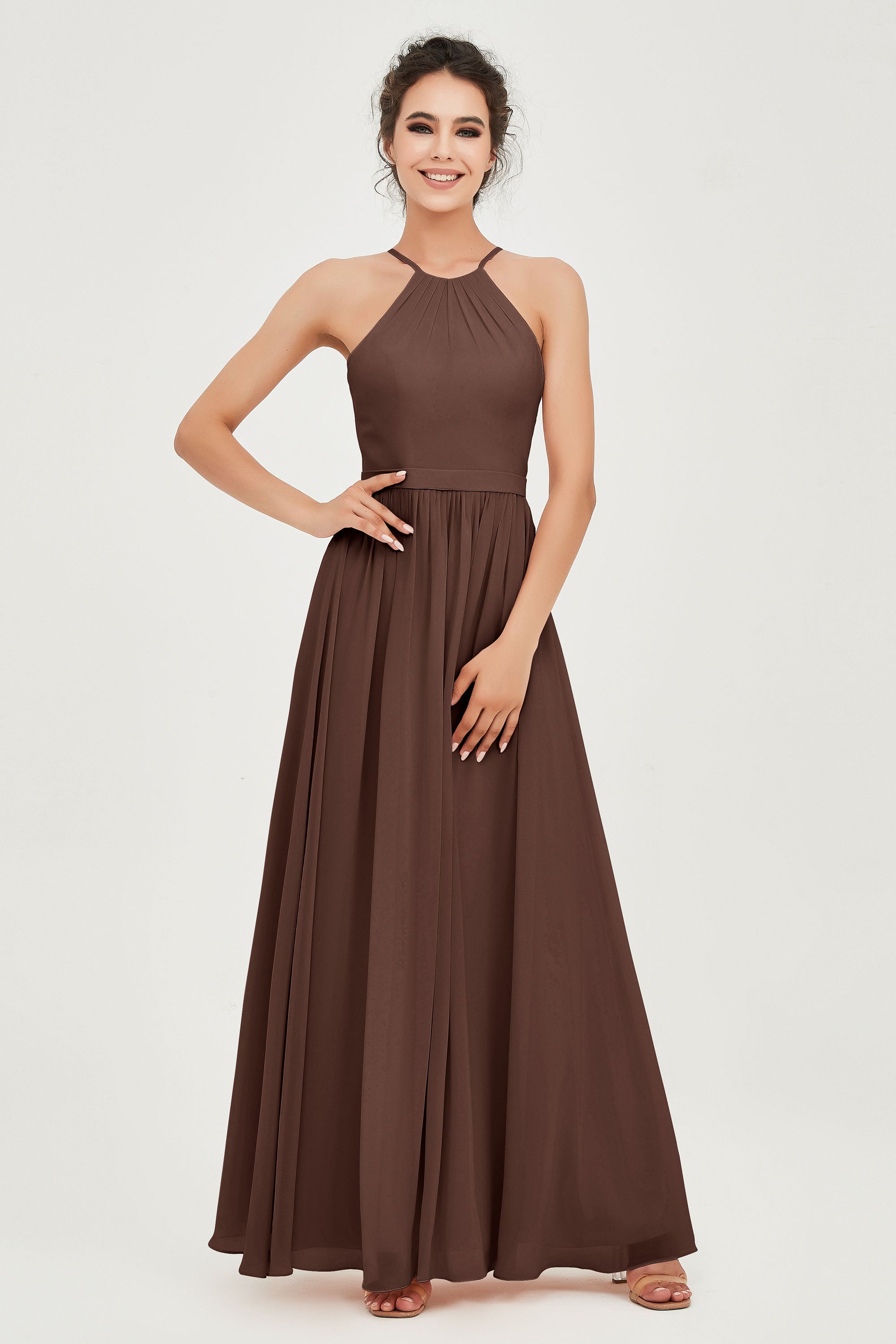 Halter Neck Elegant Bridesmaid Chiffon Dresses Sleeveless Formal Evening Dress Gowns