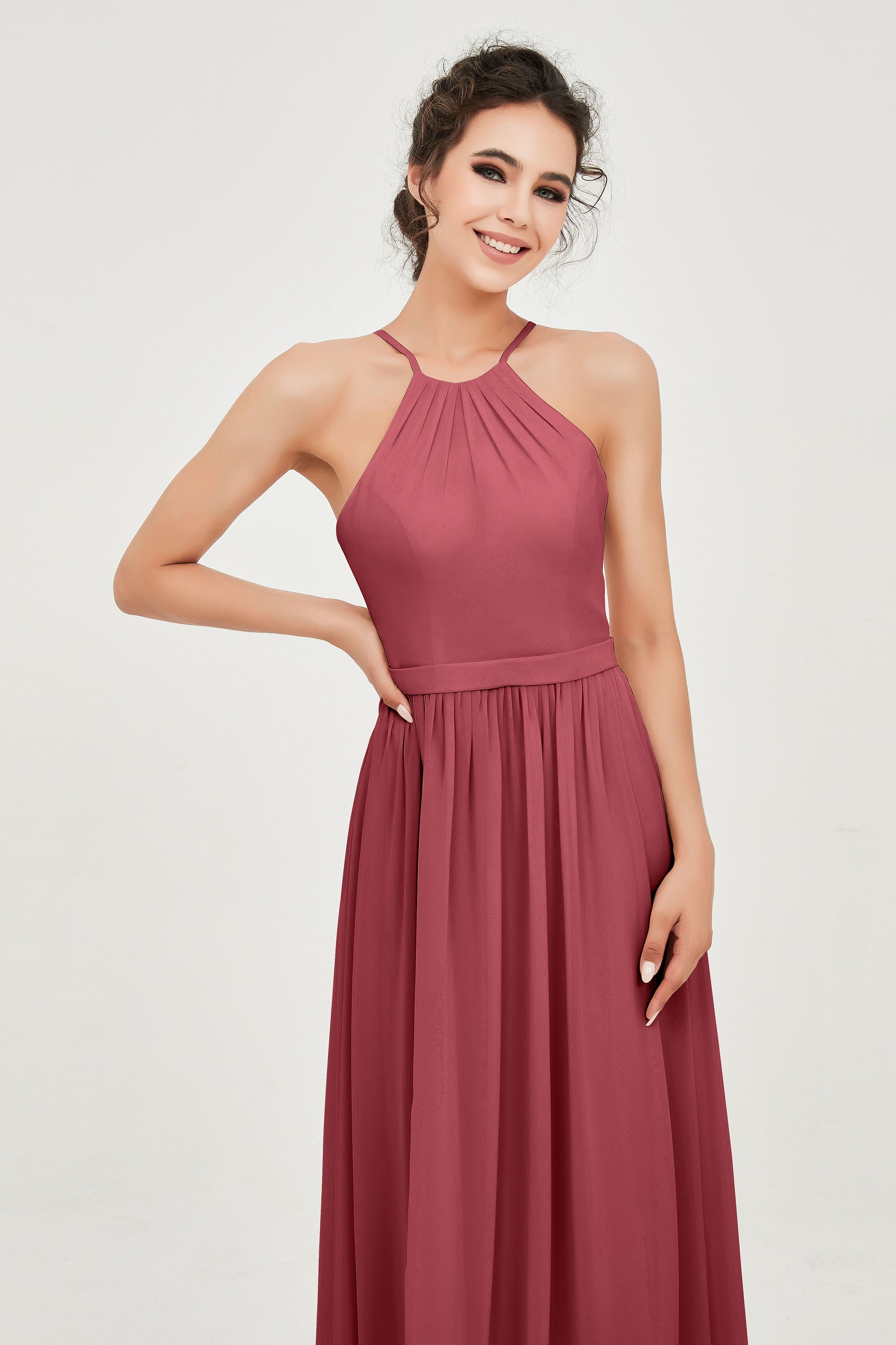 Halter Neck Elegant Bridesmaid Chiffon Dresses Sleeveless Formal Evening Dress Gowns