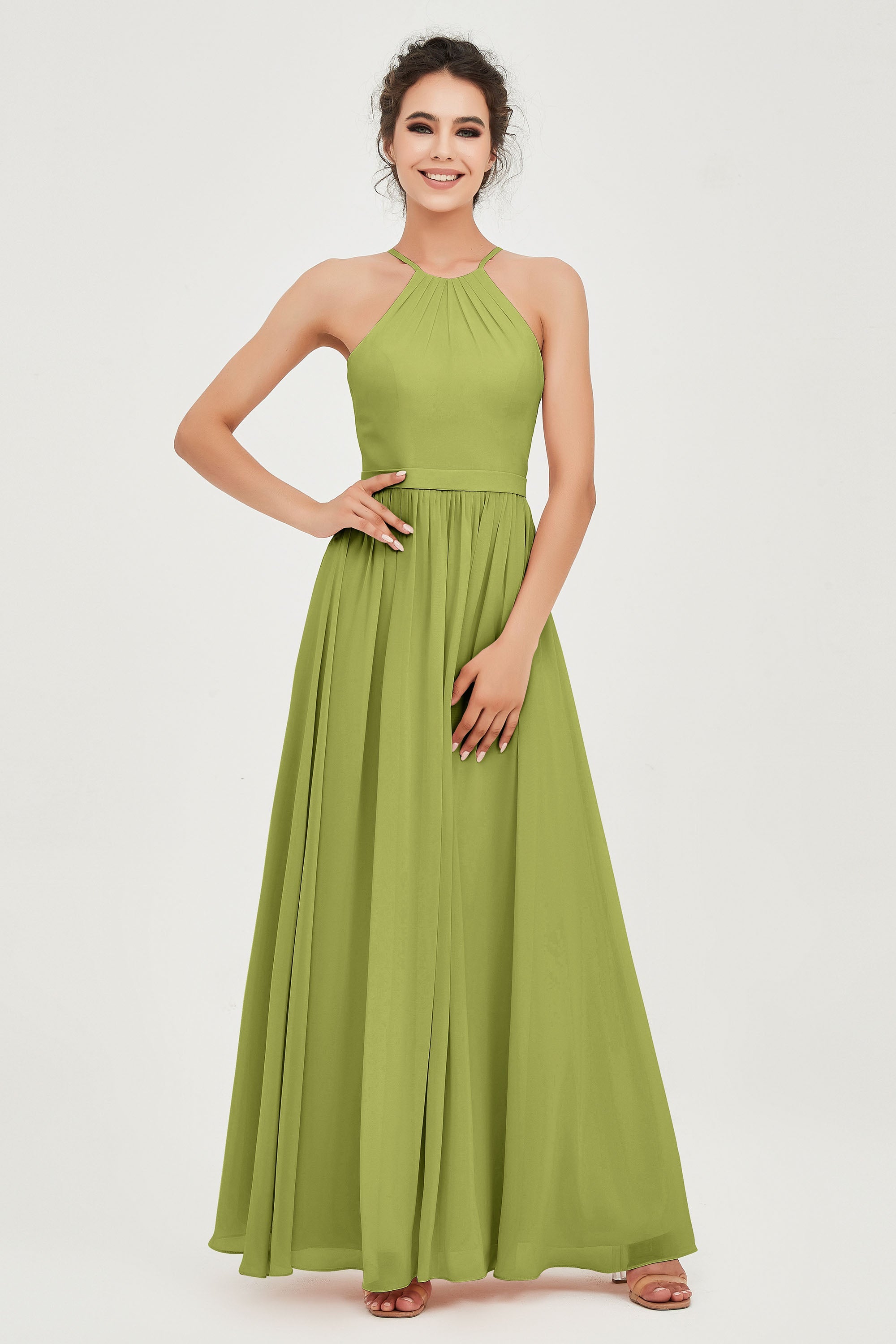 Halter Neck Elegant Bridesmaid Chiffon Dresses Sleeveless Formal Evening Dress Gowns