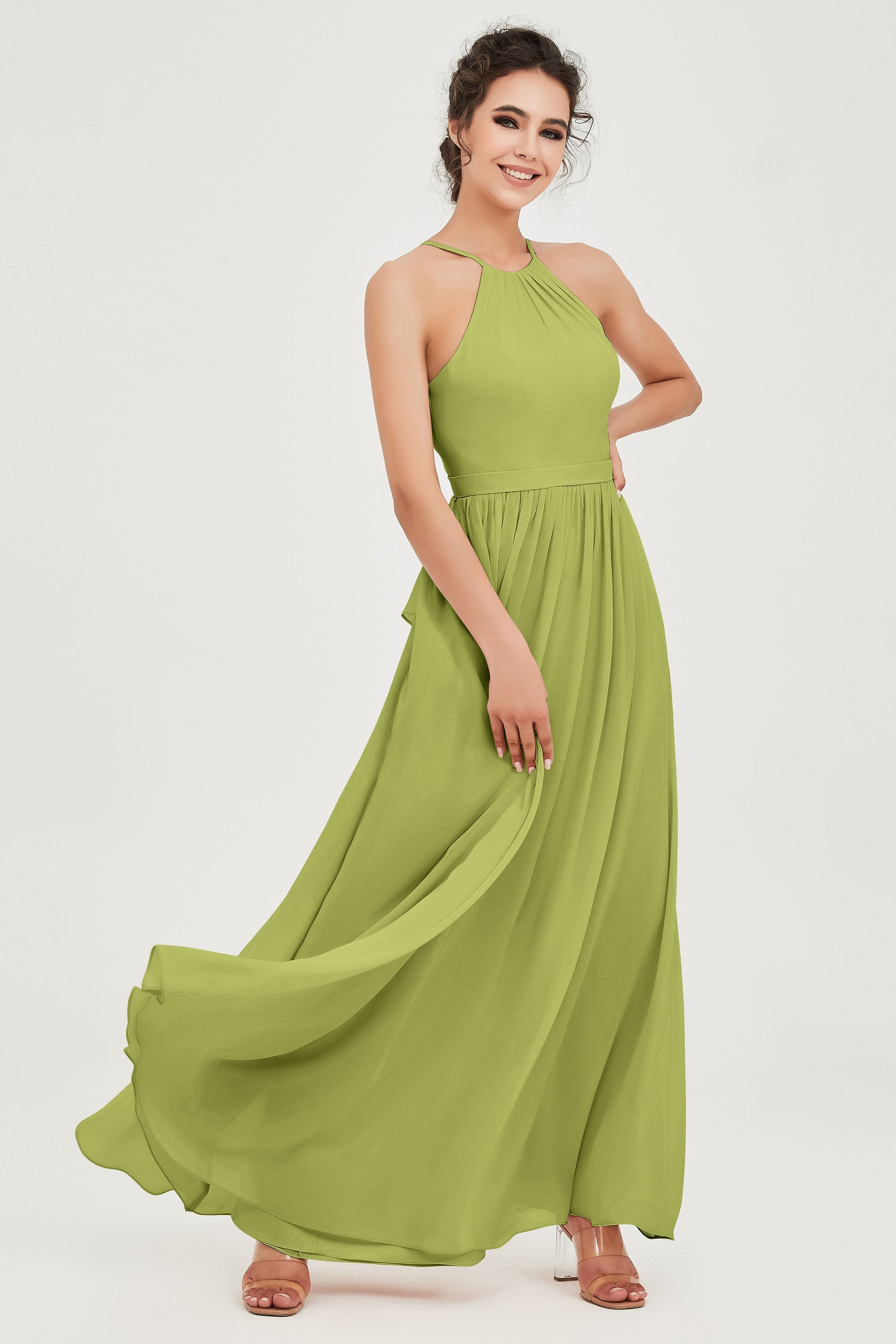 Halter Neck Elegant Bridesmaid Chiffon Dresses Sleeveless Formal Evening Dress Gowns