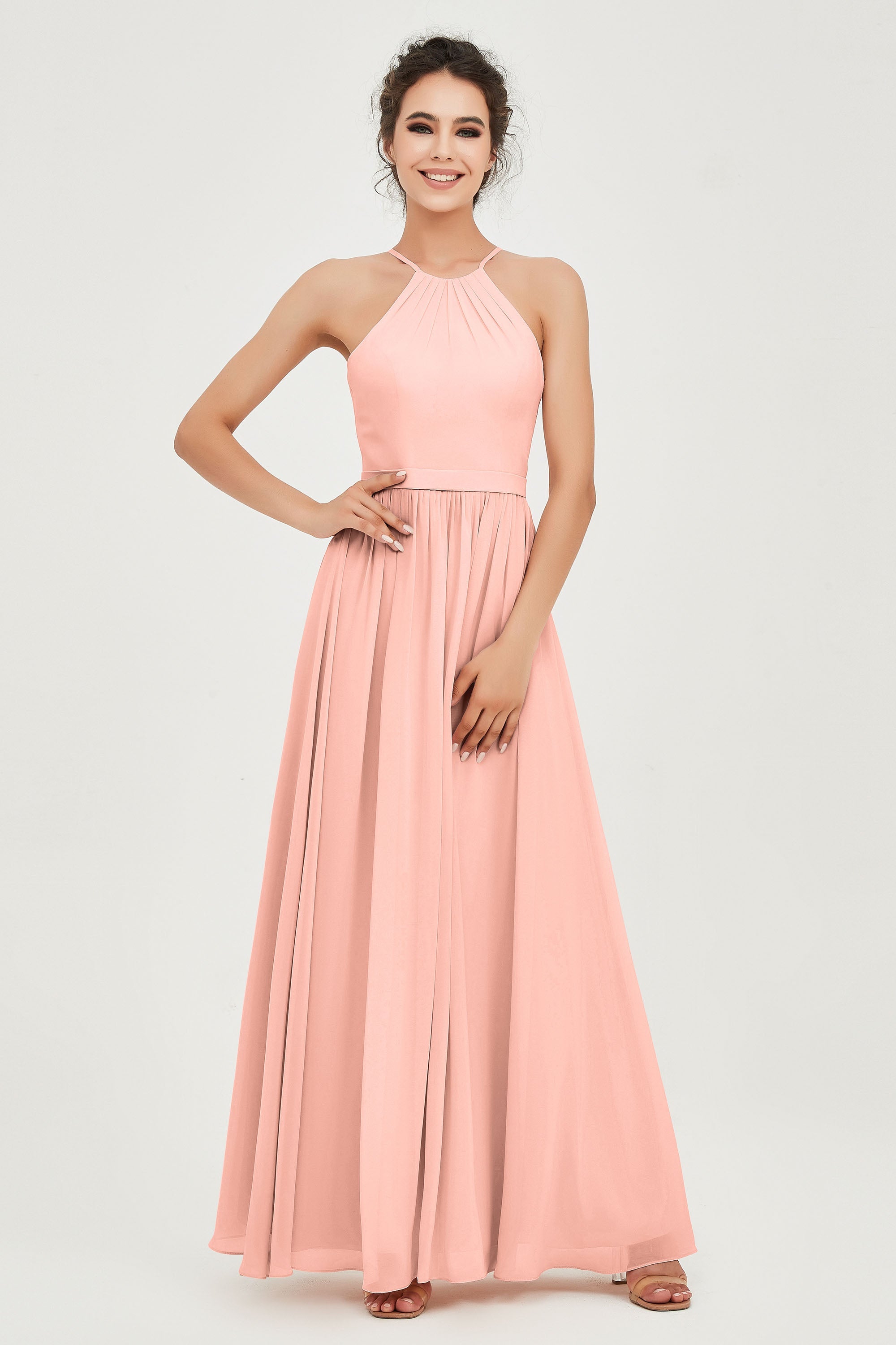 Halter Neck Elegant Bridesmaid Chiffon Dresses Sleeveless Formal Evening Dress Gowns