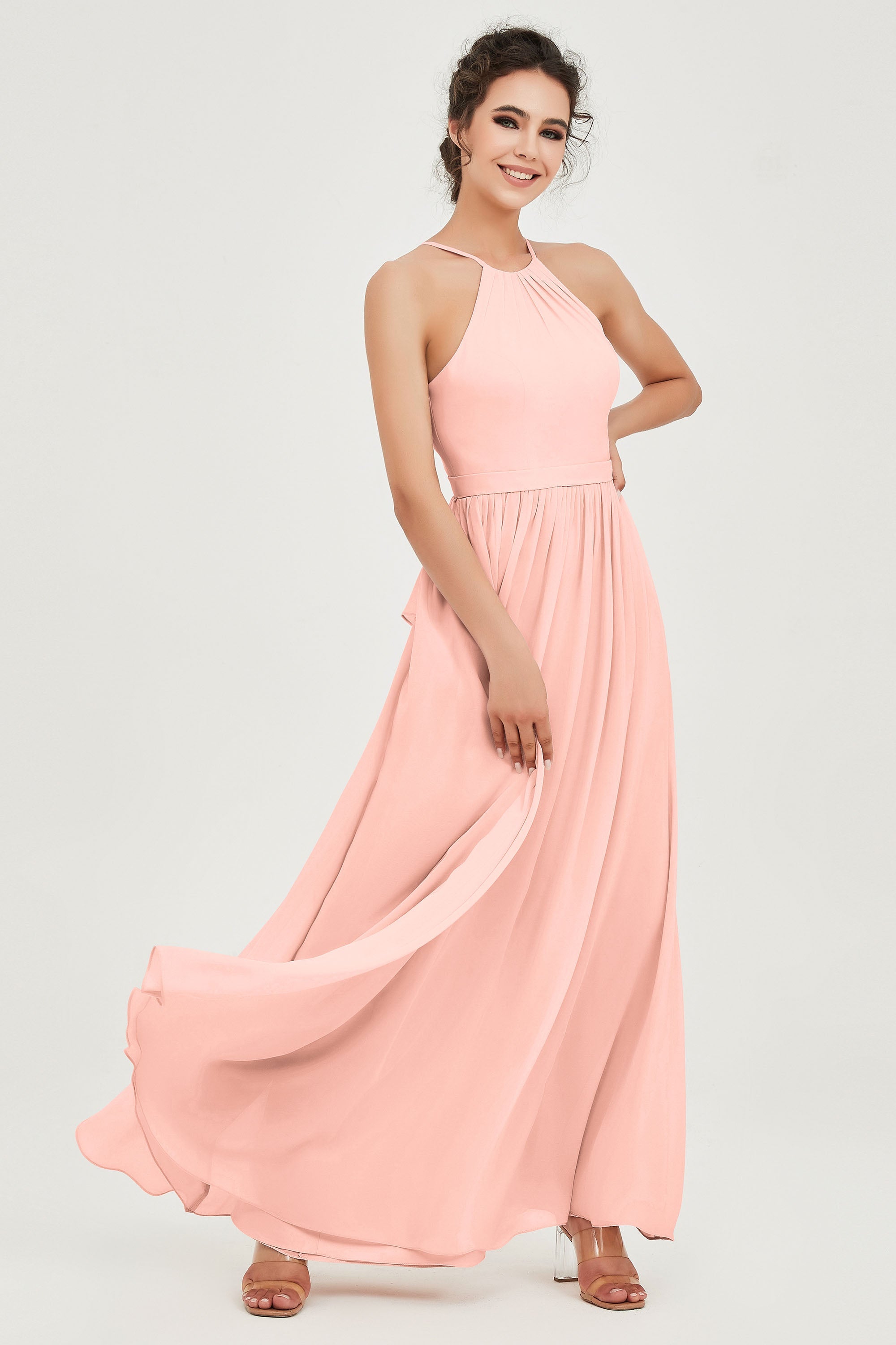 Halter Neck Elegant Bridesmaid Chiffon Dresses Sleeveless Formal Evening Dress Gowns