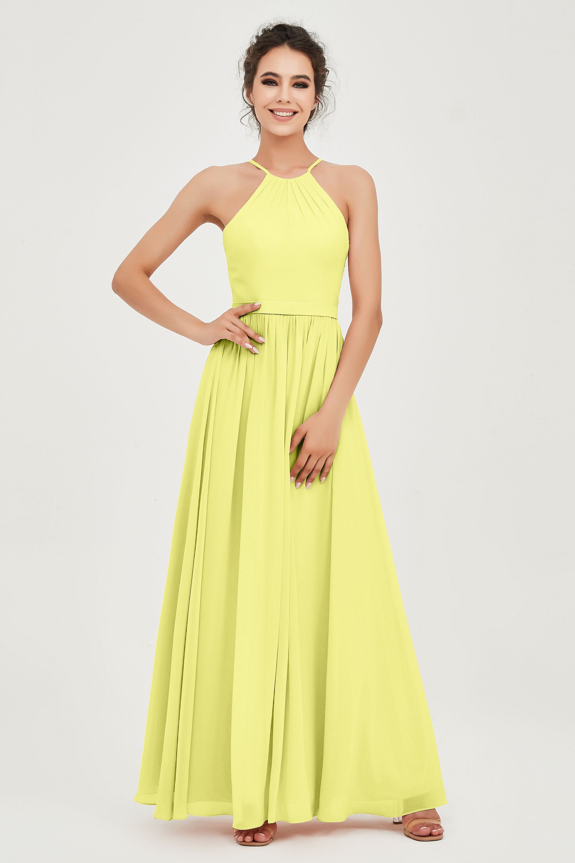 Halter Neck Elegant Bridesmaid Chiffon Dresses Sleeveless Formal Evening Dress Gowns