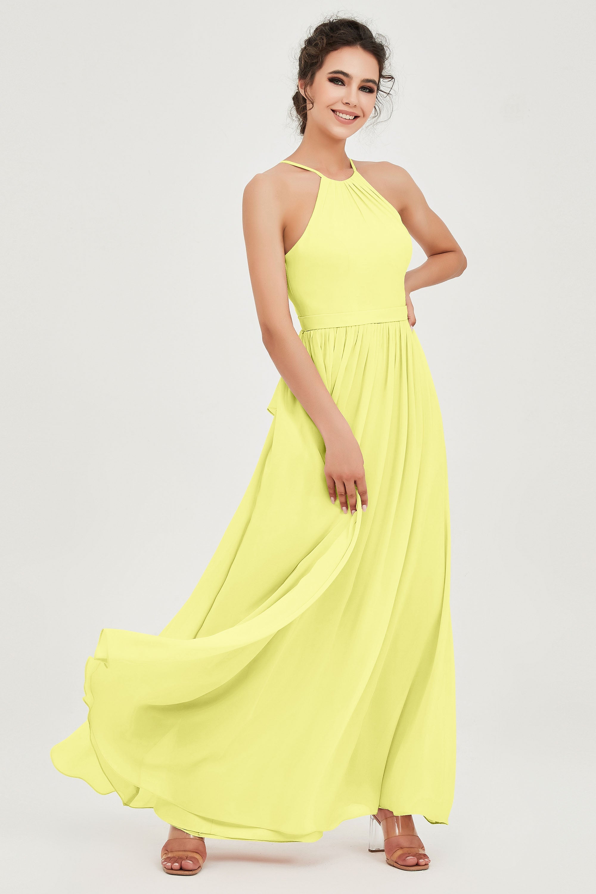 Halter Neck Elegant Bridesmaid Chiffon Dresses Sleeveless Formal Evening Dress Gowns
