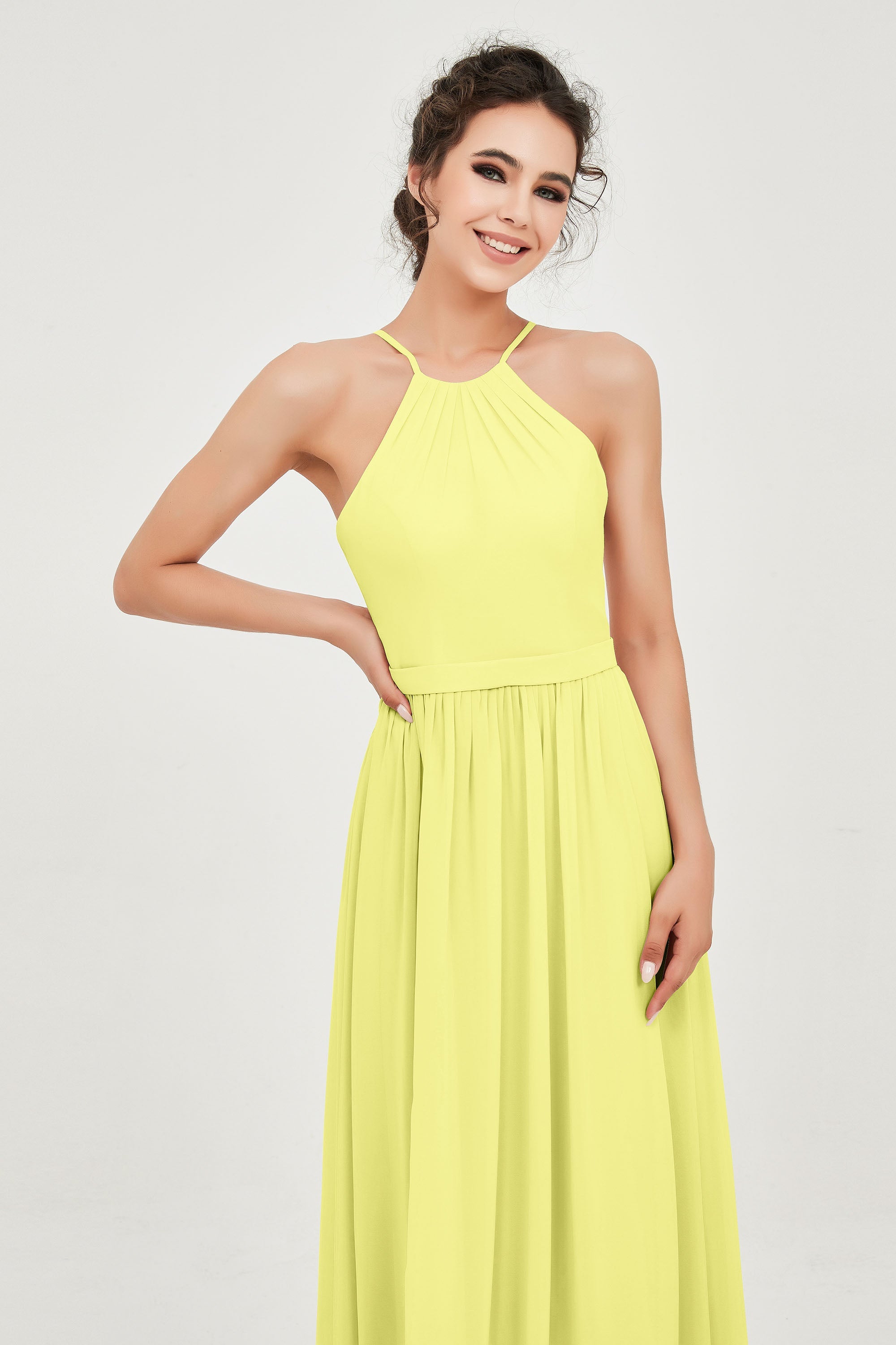 Halter Neck Elegant Bridesmaid Chiffon Dresses Sleeveless Formal Evening Dress Gowns