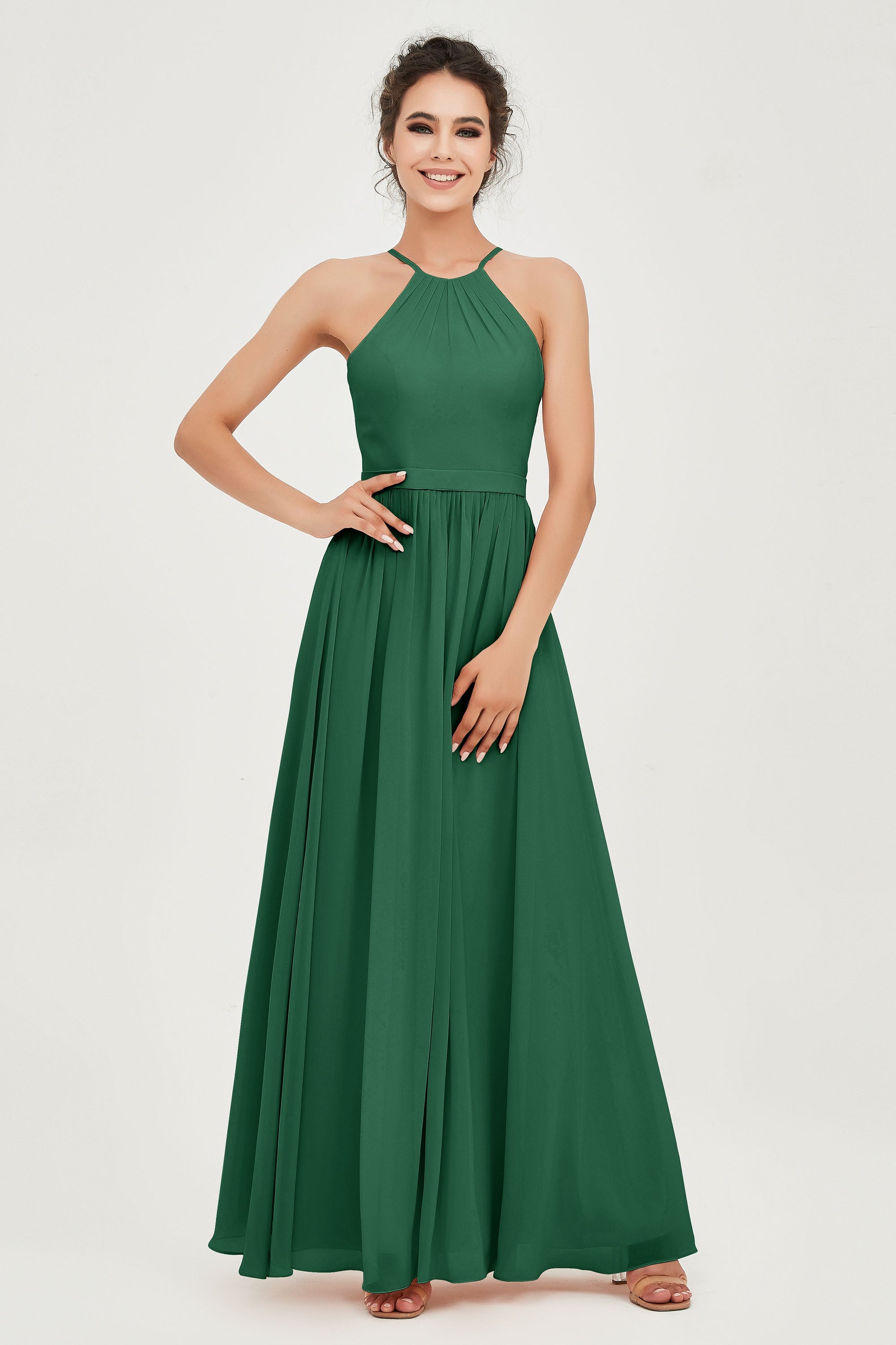 Halter Neck Elegant Bridesmaid Chiffon Dresses Sleeveless Formal Evening Dress Gowns