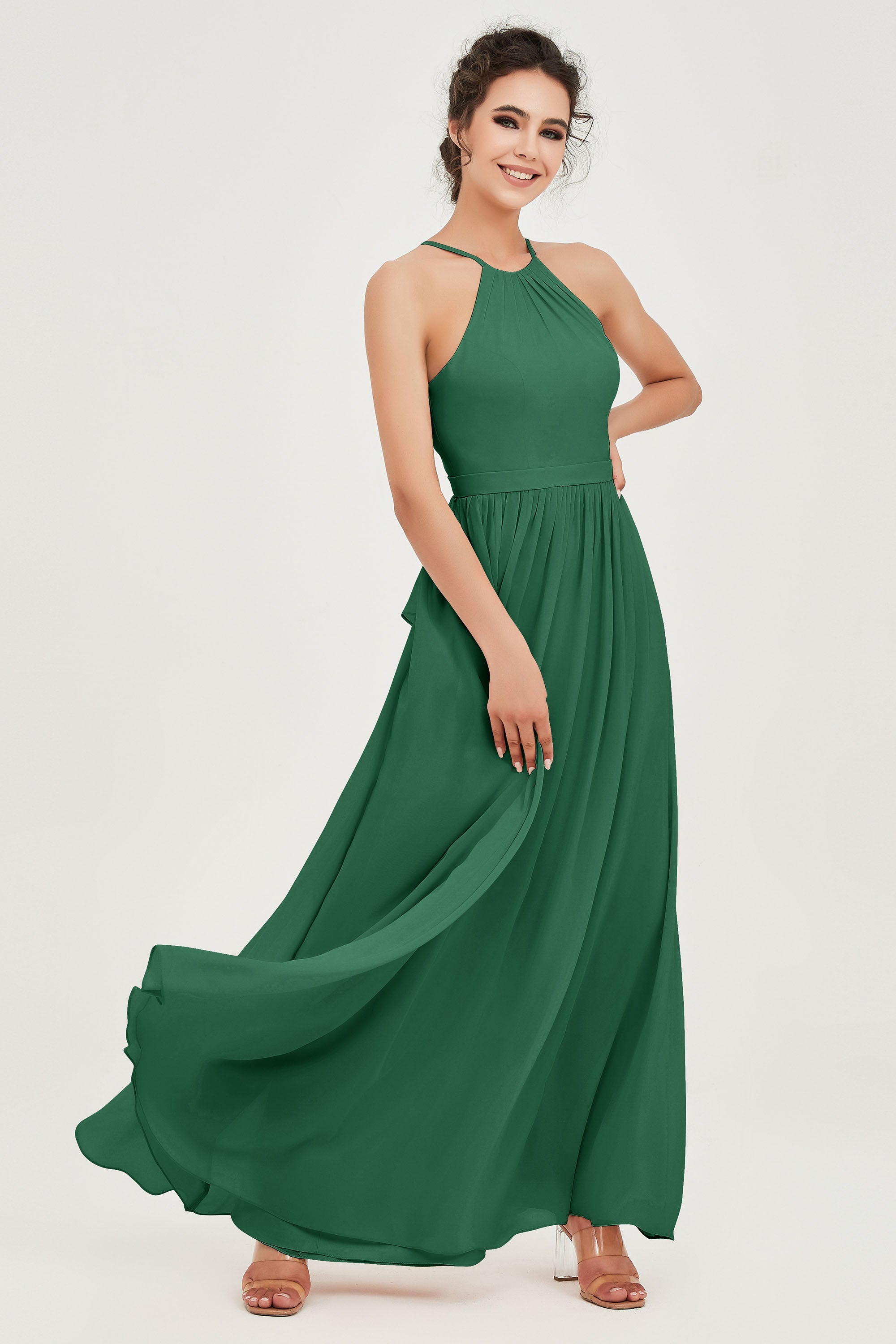 Halter Neck Elegant Bridesmaid Chiffon Dresses Sleeveless Formal Evening Dress Gowns