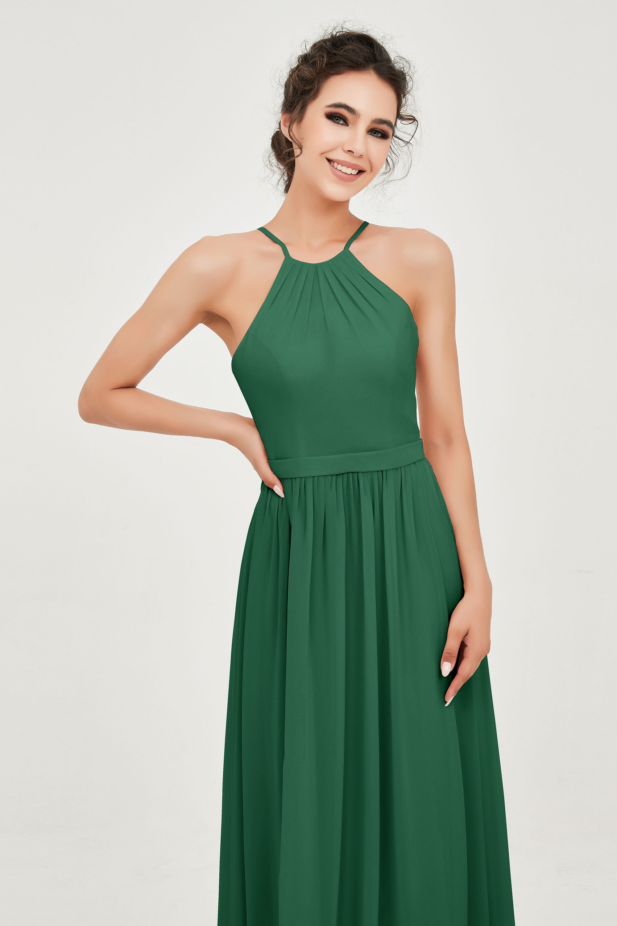 Halter Neck Elegant Bridesmaid Chiffon Dresses Sleeveless Formal Evening Dress Gowns