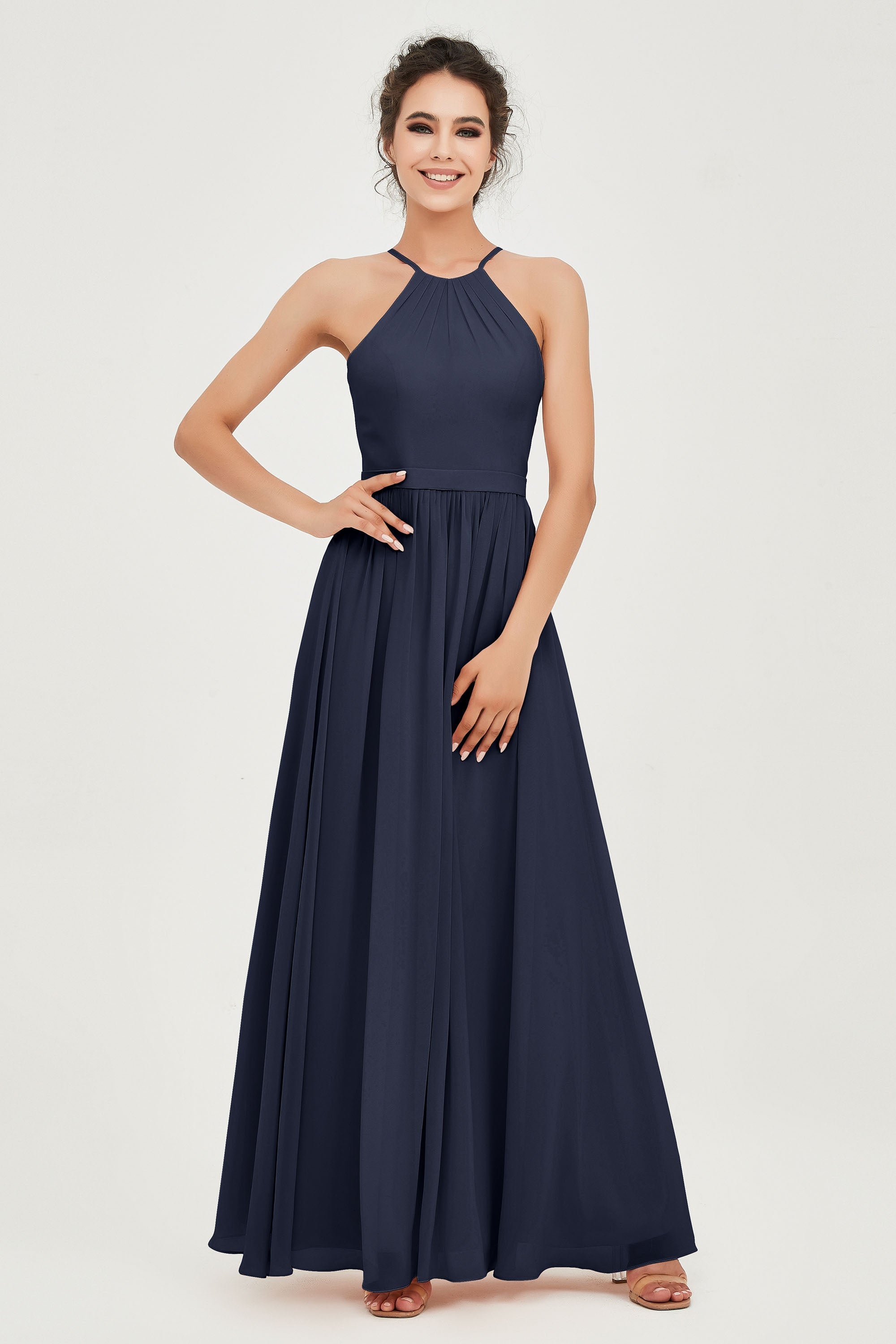 Halter Neck Elegant Bridesmaid Chiffon Dresses Sleeveless Formal Evening Dress Gowns