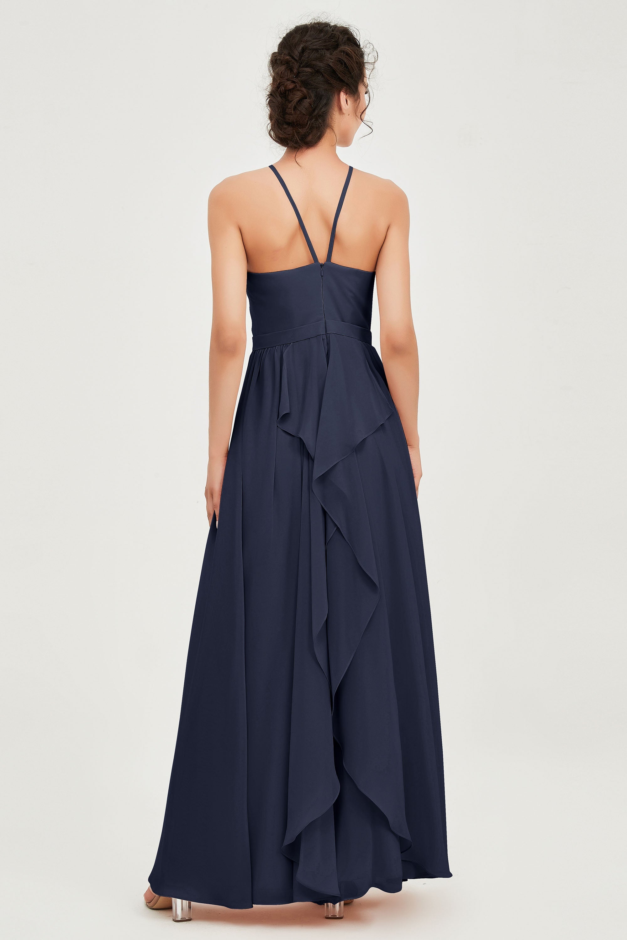 Halter Neck Elegant Bridesmaid Chiffon Dresses Sleeveless Formal Evening Dress Gowns