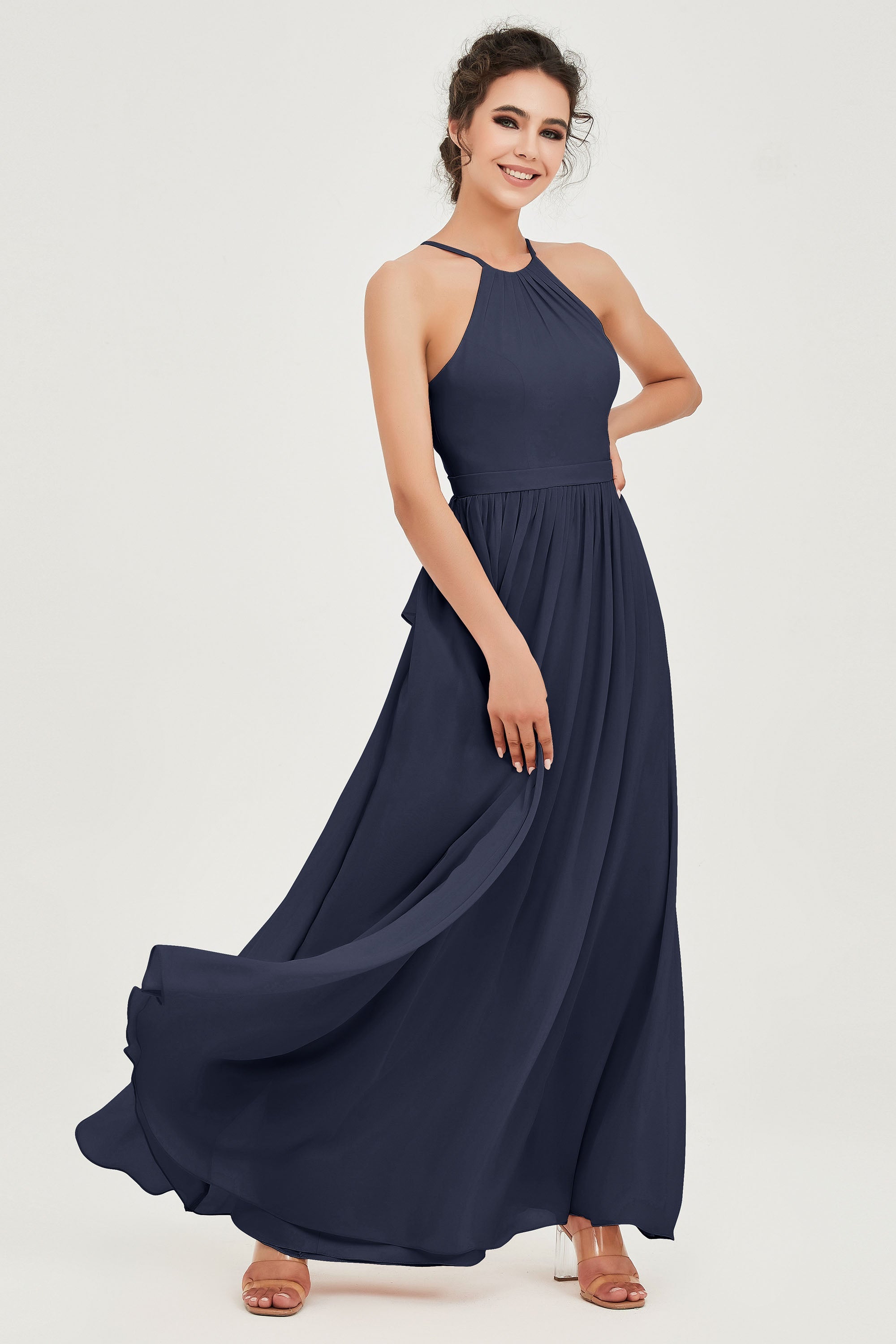 Halter Neck Elegant Bridesmaid Chiffon Dresses Sleeveless Formal Evening Dress Gowns